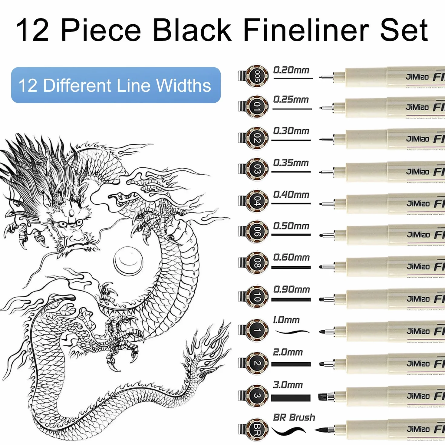 Penne da disegno Pigment Liner Nero Punta Fine impermeabile 12 Pezzi