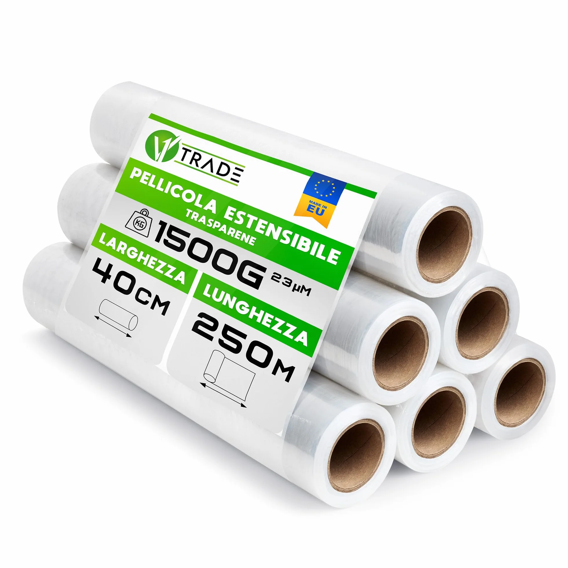 V1 Trade Pellicola elastica trasparente – 6 rotoli di pellicola elastica 250 m x 40 cm – pellicola per imballaggio 23 my – pellicola per mobili