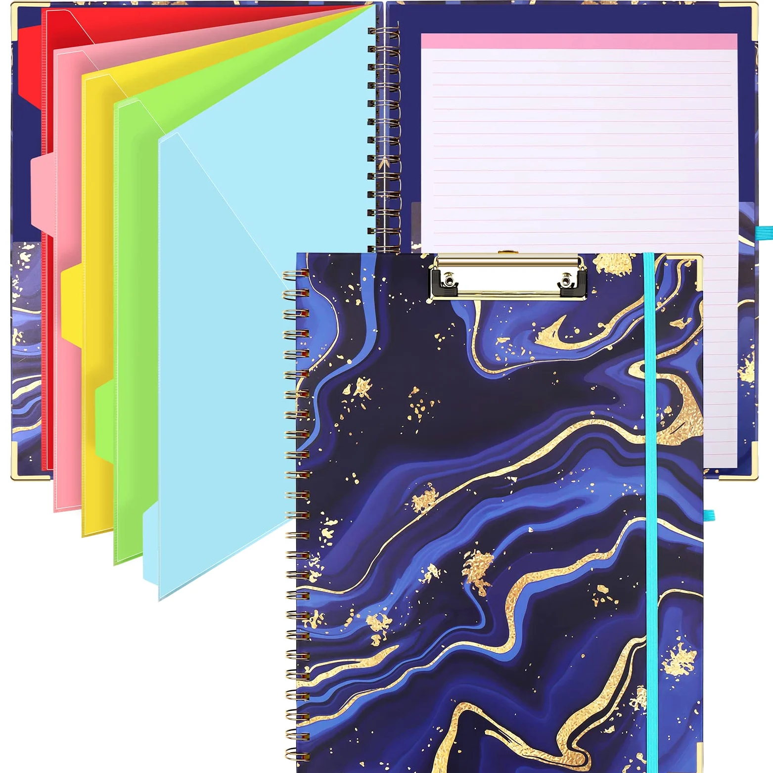 HWPRATO Cartellina portablocco a spirale, formato lettera, 5 divisori con 10 tasche, organizer a spirale con portablocco e blocco note rimovibile, chiusura elastica, passante per penna, copertina