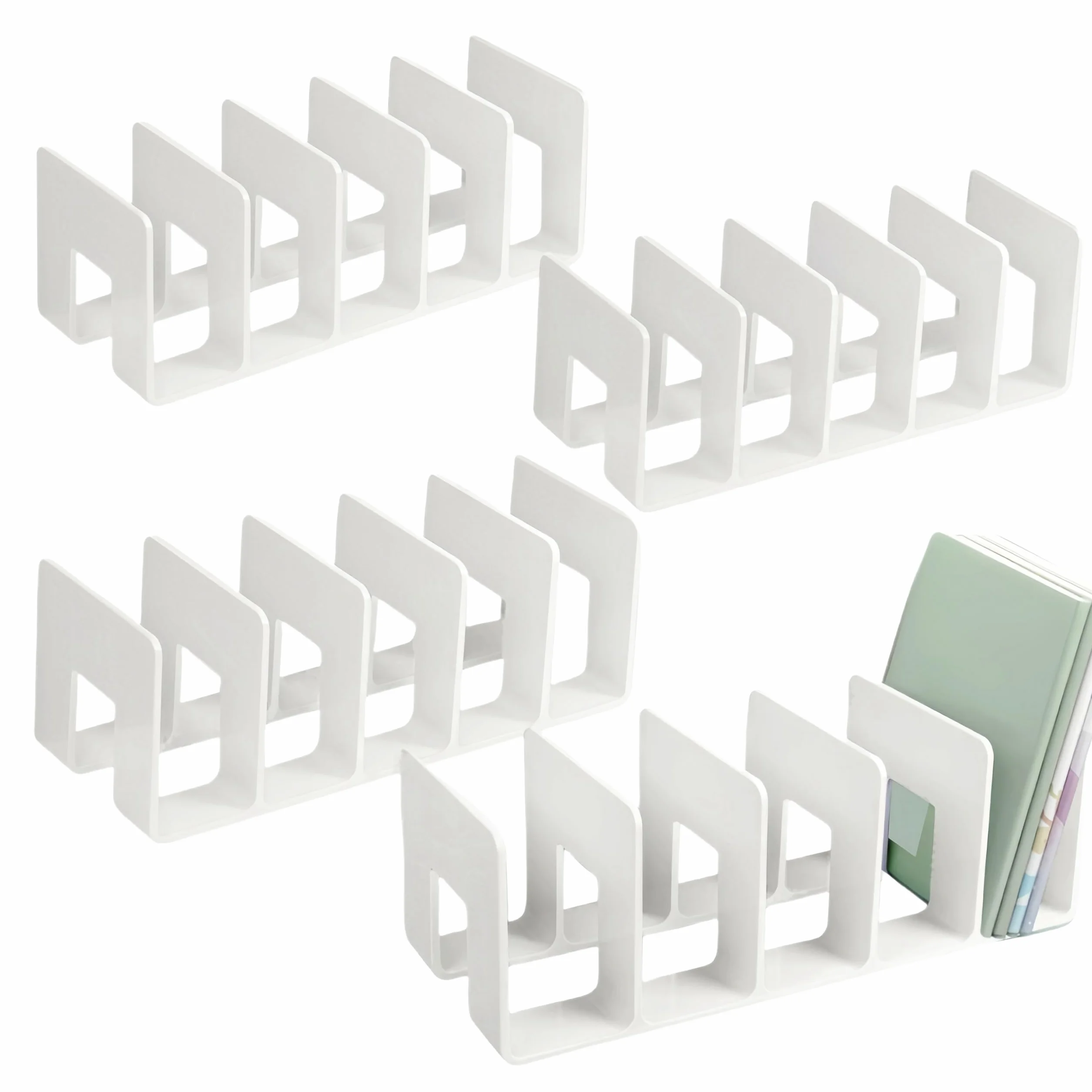 Porta Libri da Scrivania 4 Pezzi Ferma Libri Scaffale Organizer Divisori Sostegno Portatile Bianco