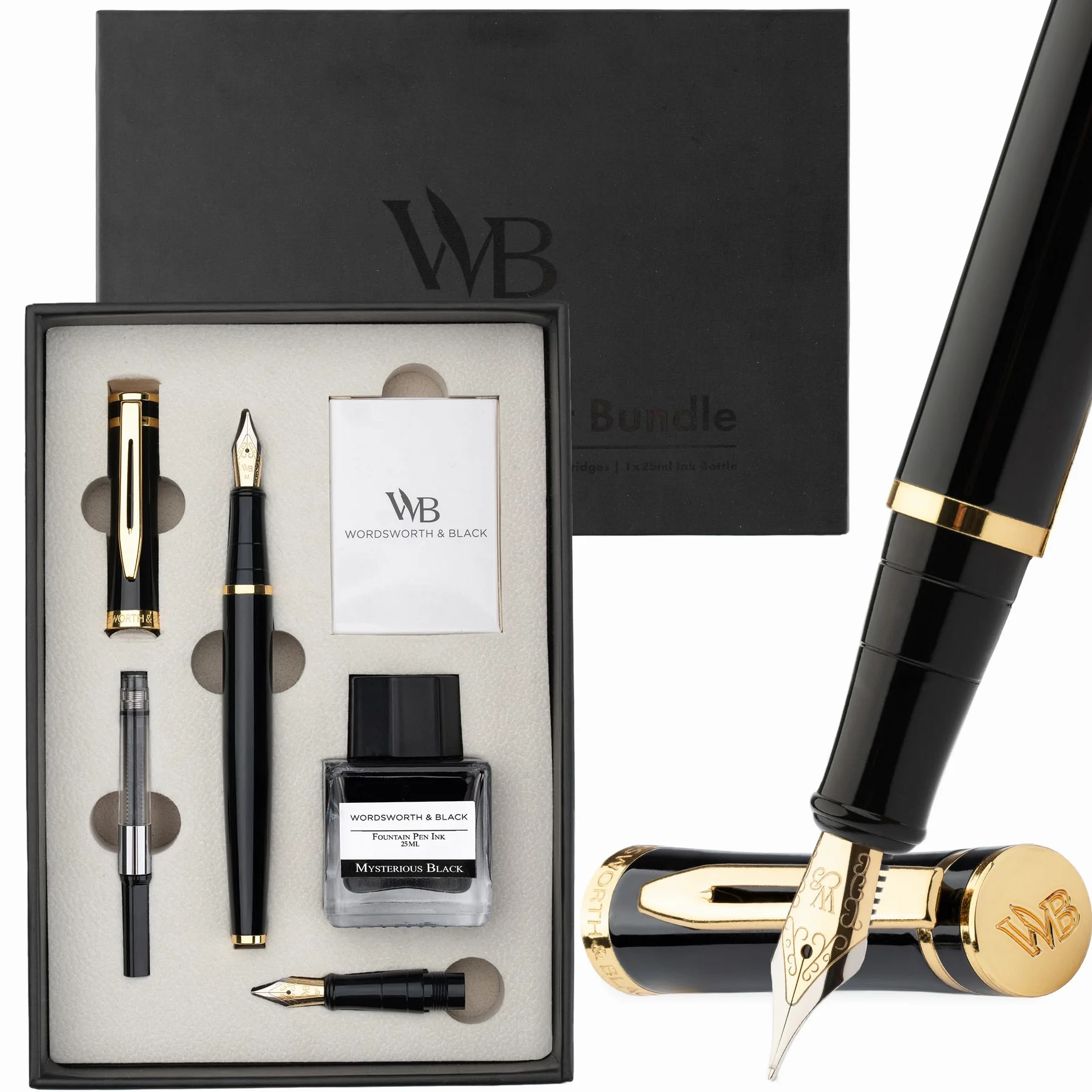 Wordsworth & Black Set di Penne Stilografiche, Pennino Medio e Extra Fine 18K Oro, Bottiglia Inchiostro Nero 25ML, 6 Cartucce, Convertitore, Confezione Regalo – [Nero Oro], Set per Uomini e Donne.
