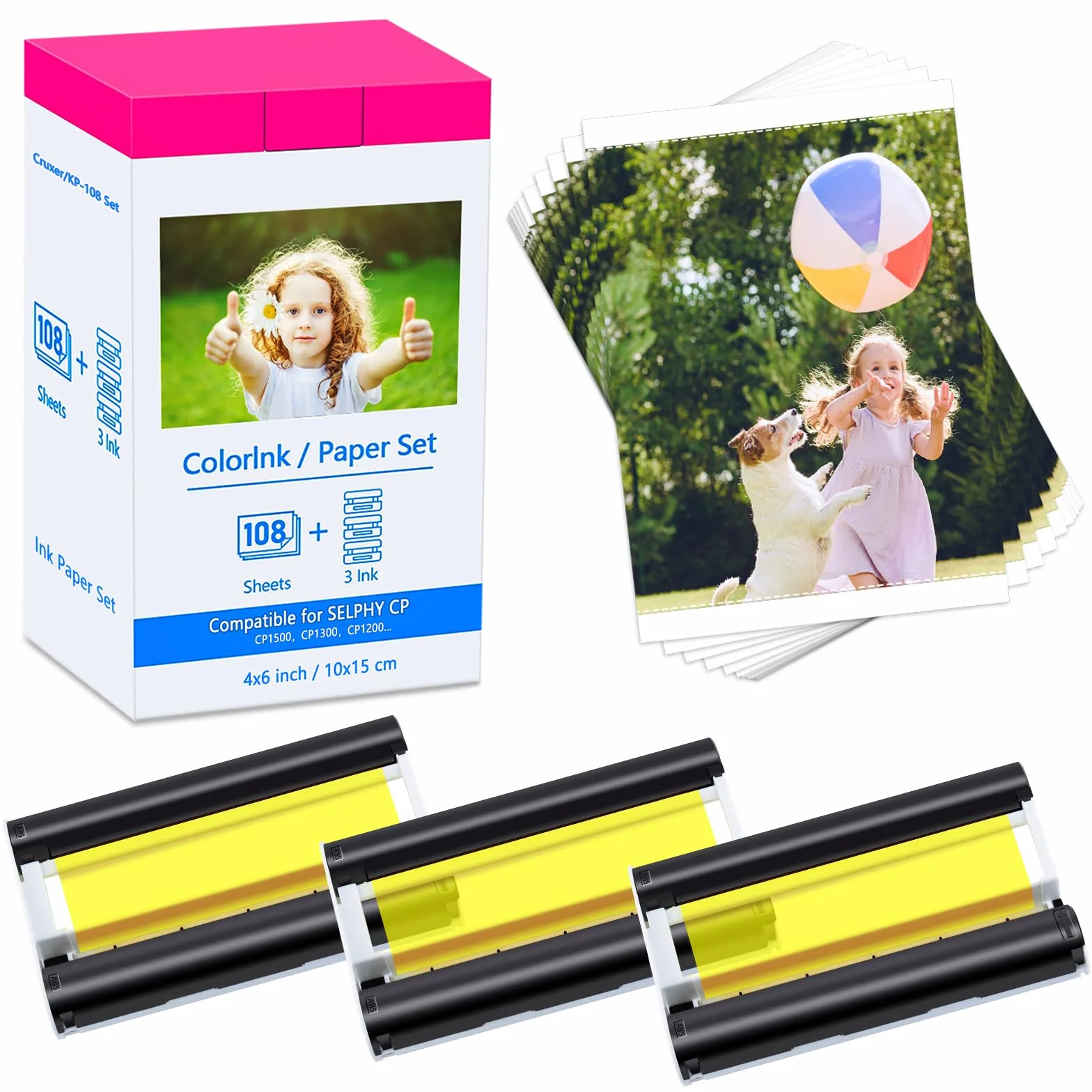 Cruxer Compatibile con Canon Selphy CP1300 CP1500 KP-108in 10x15 cm Carta fotografica KP-108 per Canon Selphy CP910 CP800 CP810 CP780 CP760 CP1000 CP1200, 108 lucida Foglio Paper und 3 Cartucce