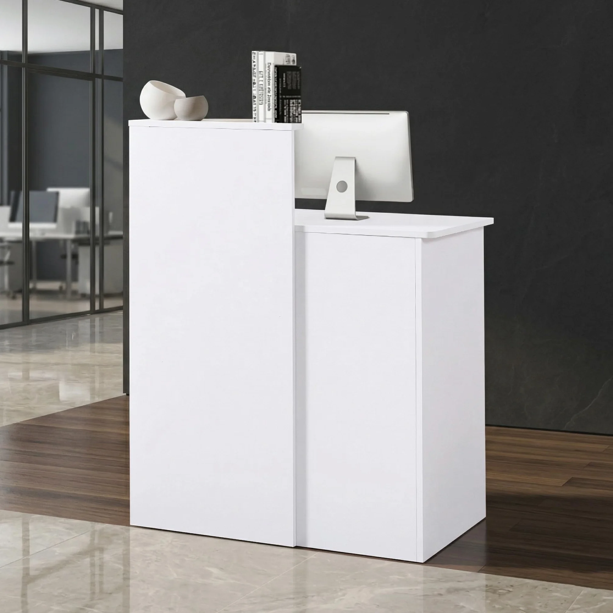 Banco Reception Piccola 80 cm Scrivania Reception Legno Moderno Bancone Ufficio con Cassetti Chiudibili a Chiave e Ripiani Aperti per Parrucchiere, Centro Estetico, Negozio, Hotel e Ufficio