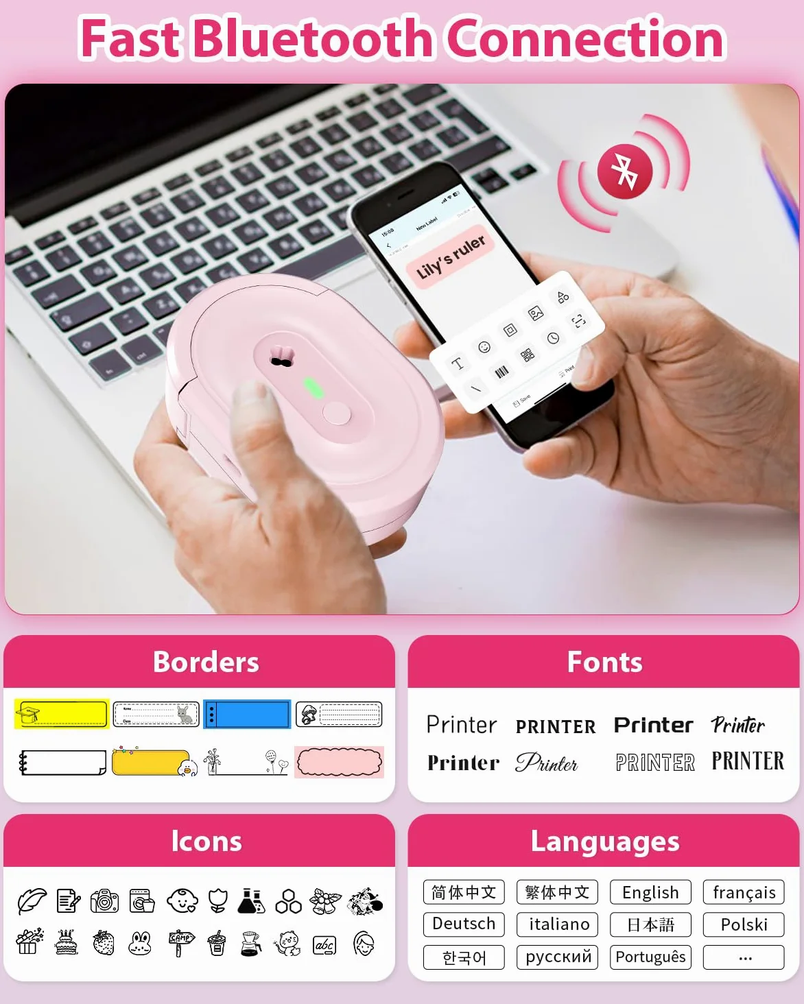 Etichettatrice con nastro, stampante per etichette Bluetooth portatile N12, mini etichettatrice wireless, adesivo termico con diversi disegni per casa, cucina, scuola