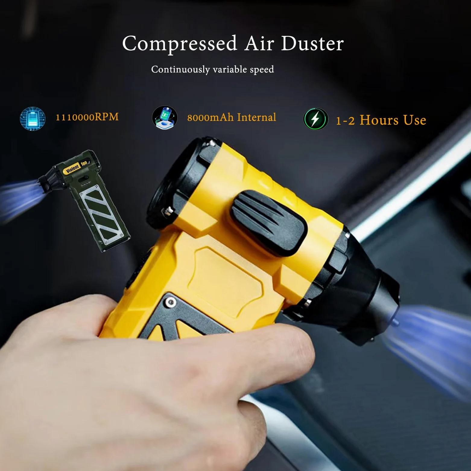 Billg Elettrico Rimuovi Polvere Aria Compressa Senza Fili, 11000RPM Soffiatore Aria Compressa Portatile, Air Duster Potente, Mini Soffiatore di Polvere Batteria Integrata da 8000 mAh