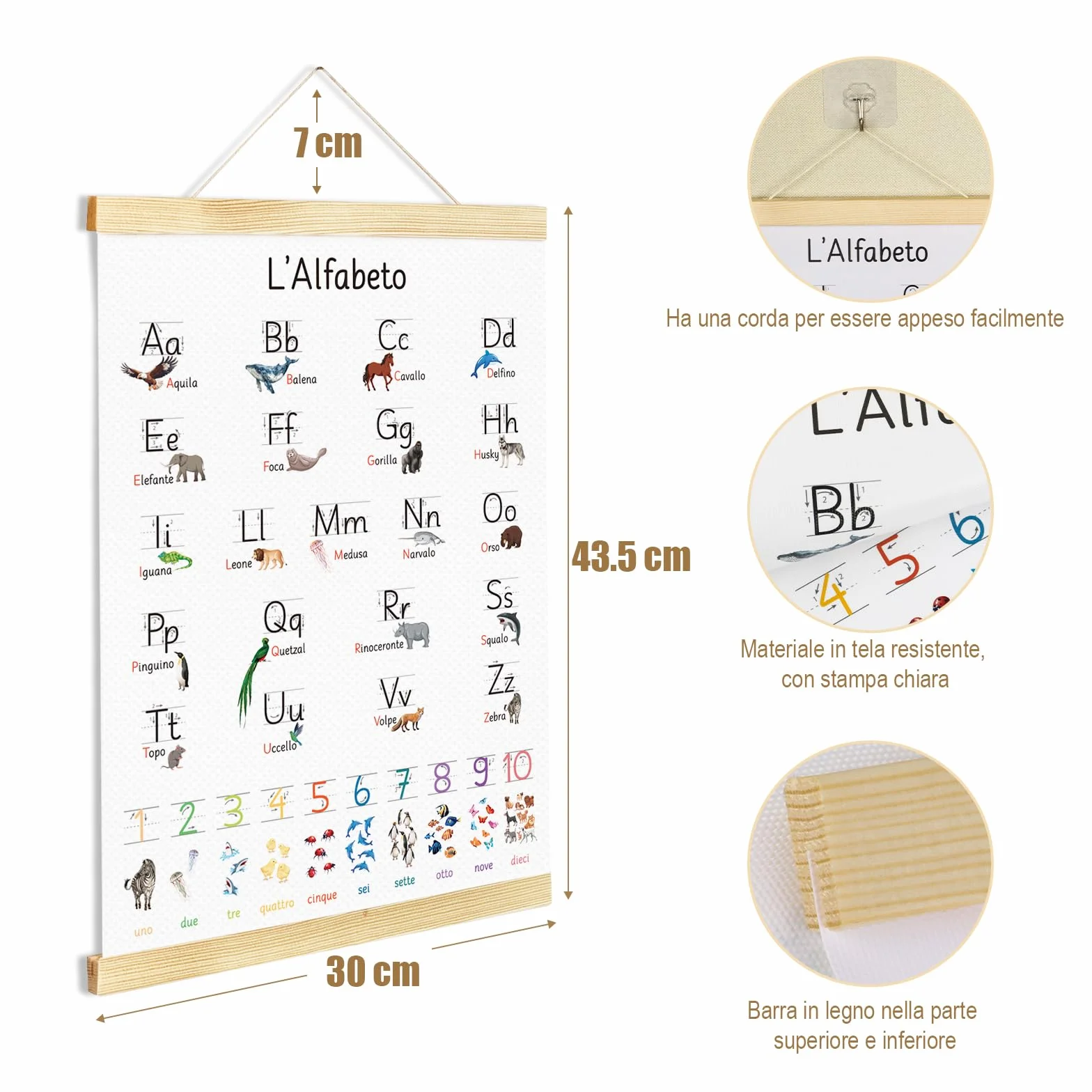 GEBETTER Alfabetiere Murale da Appendere Scuola con Numeri Animali, Poster Lettere Italiano Abecedario da Muro