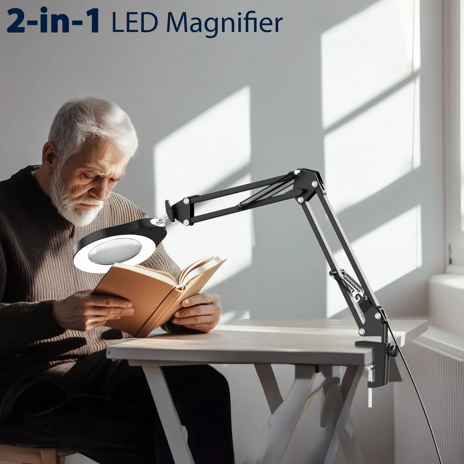 Lampada d'Ingrandimento 15X con Luce, 2 in 1 Base Larga e Clip, 5 Modalità Colore, Collo d'Oca Flessibile
