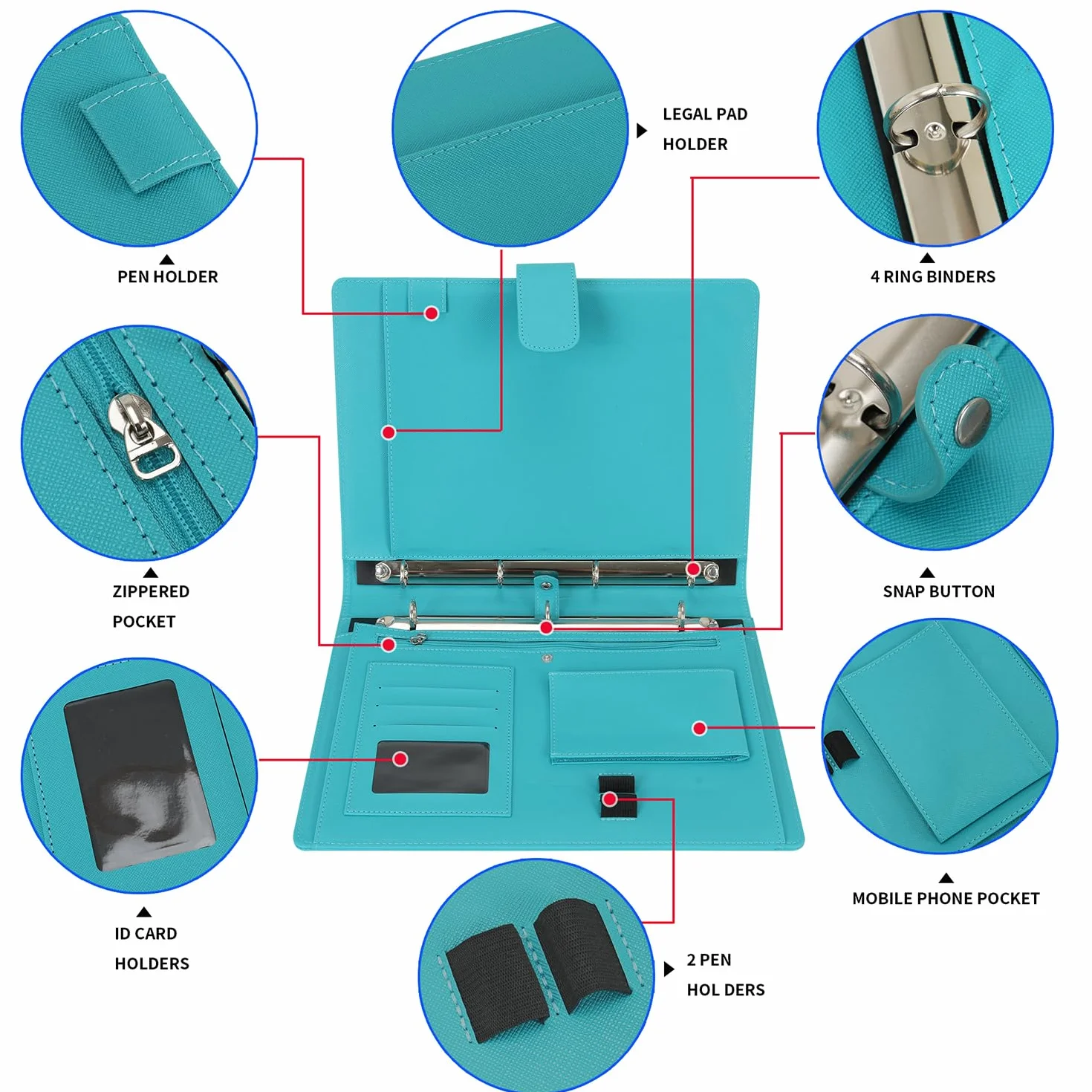 Wonderpool Portadocumenti A4 PU Pelle 4 Anelli Raccoglitore Rimovibile Tasca Funzionale Organizzatore Ufficio Viaggi Scuola Ciano