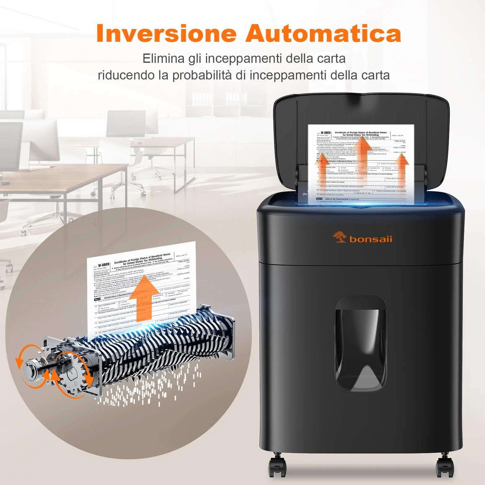 Bonsaii Distruggidocumenti, taglio micro-particellare P4, alimentazione automatica fino a 100 fogli, sistema anti-intasamento, 30 min continuo, contenitore da 16L – Per ufficio e casa, C231-D