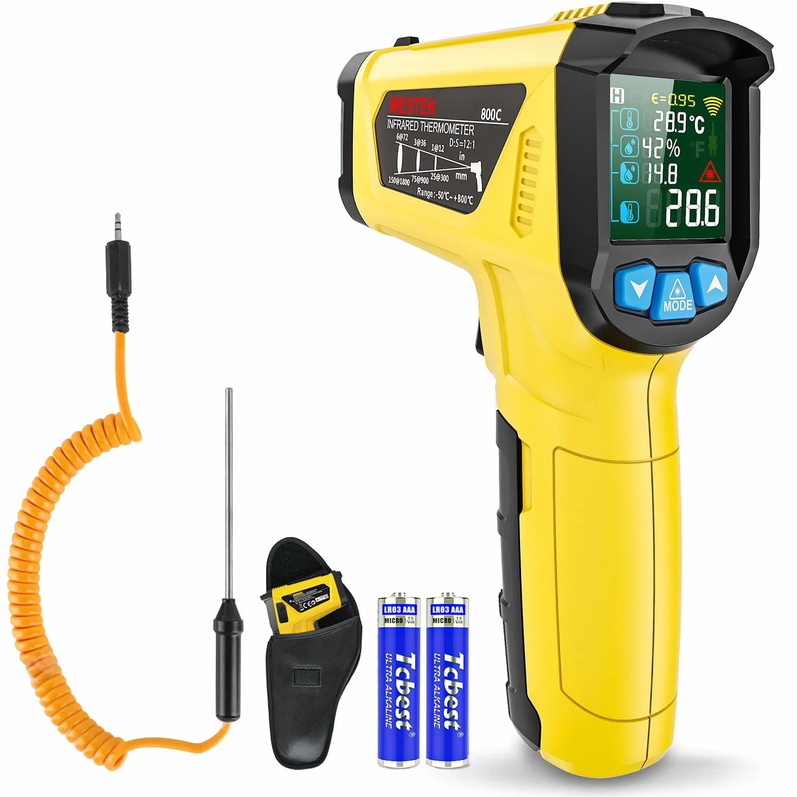 MESTEK Termometro a Infrarossi Digitale Laser -50°C～800°C con K-Sonda Schermo LCD a Colori