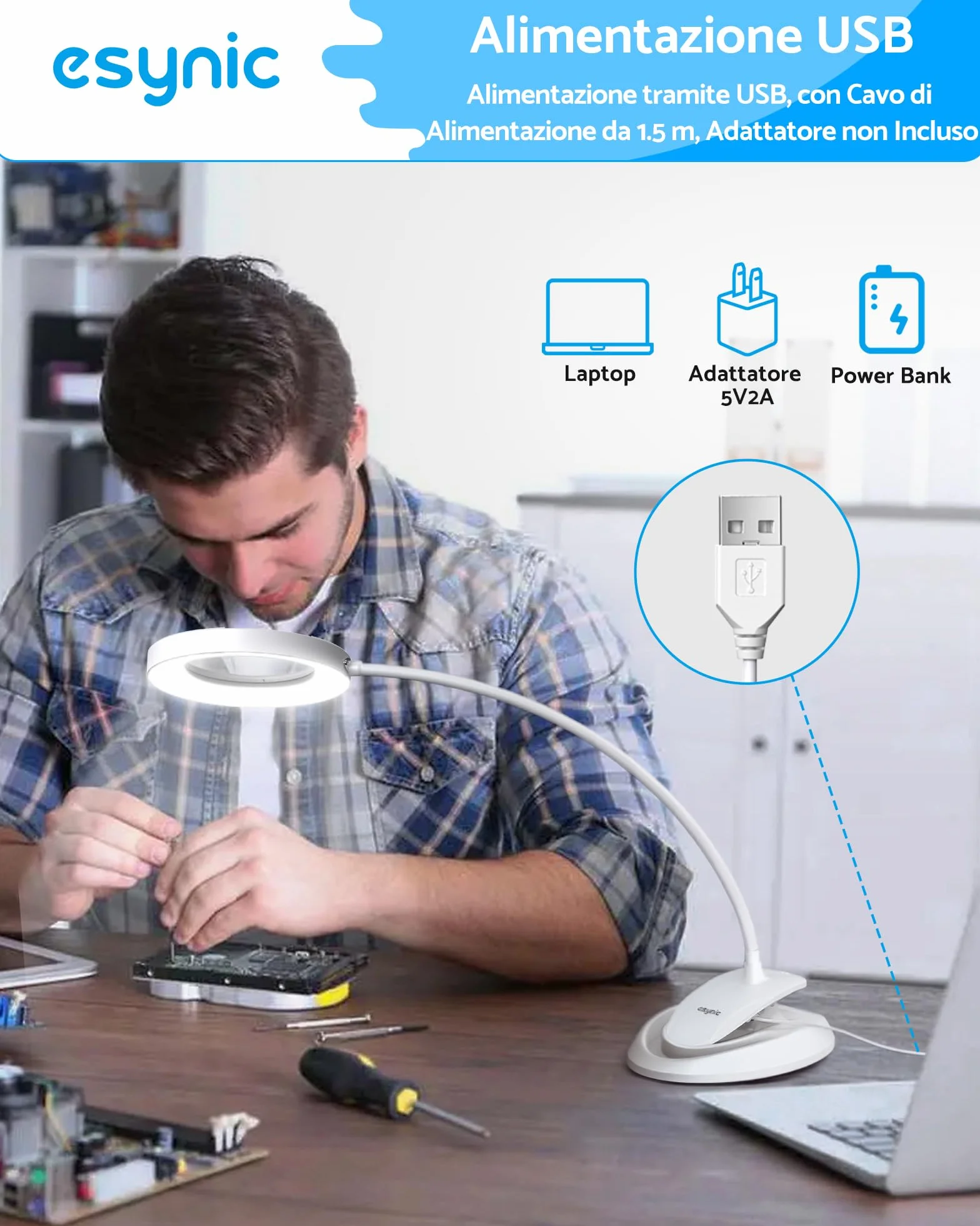 eSynic 2 in 1 Lente di Ingrandimento 5X 10X Lampada LED da Tavolo con Morsetto Staccabile e USB Cavo Integrato, Magnifier a 40 LED, 3 Colori Luce, 5 Temperature 3000-6500K, 10 Luminosità Regolabile