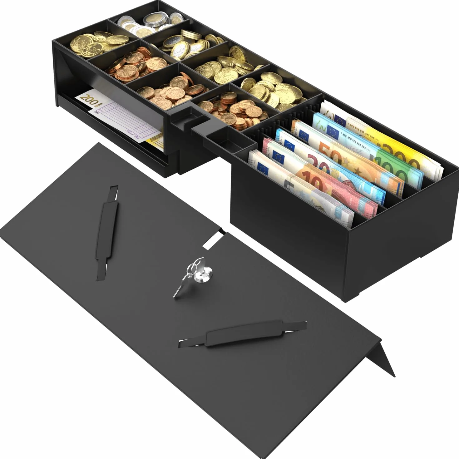 Interno con Coperchio e Serratura per Cassetto Contanti Flip-Top Apertura Verticale Automatica per POS Stampante e Registratore di Cassa, 5 Banconote - 8 Monete - Universale