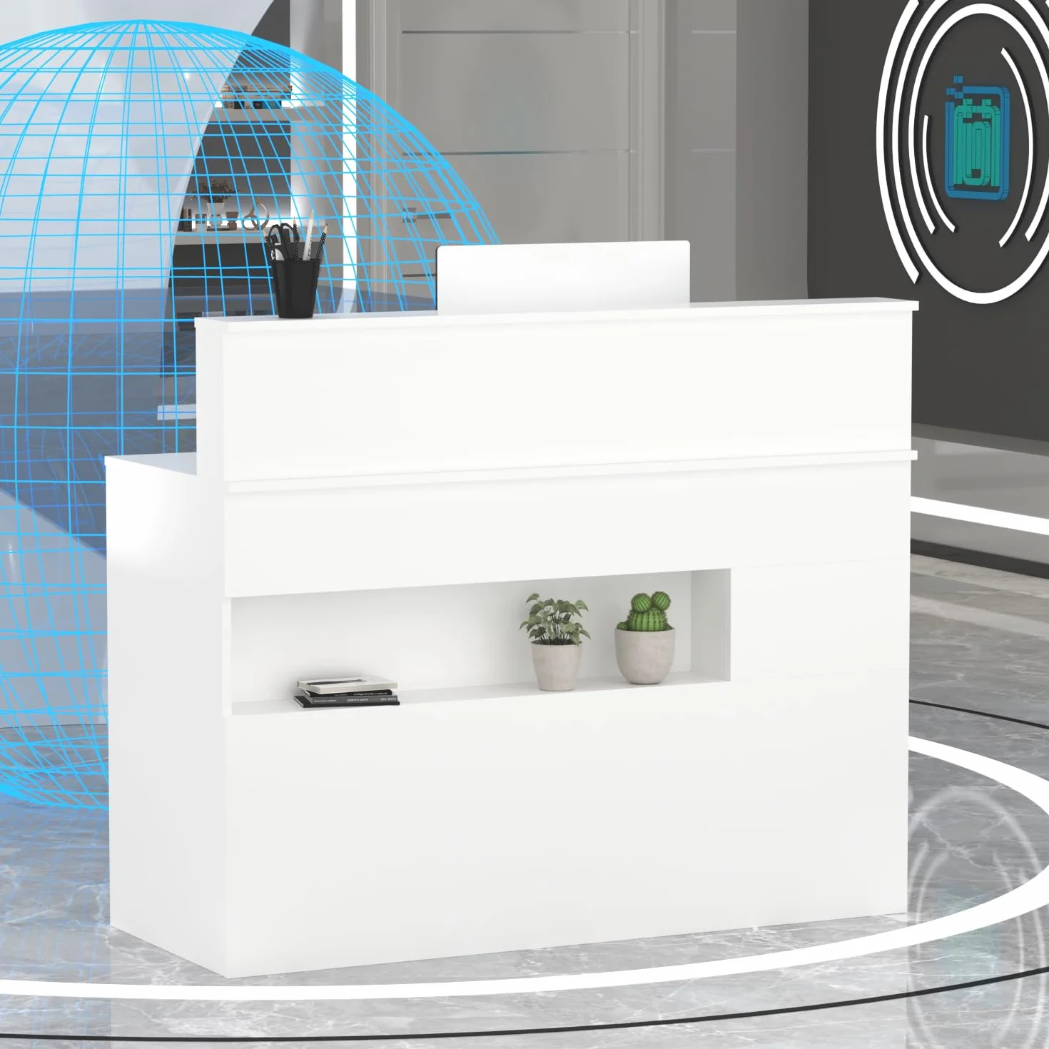 Banco reception con cassetti, banco reception, banco ufficio, per sale aziendali, reception di hotel, negozi di abbigliamento, pasticcerie, frutterie 50 P x 120 L x100 H cm, JRIT250007-01
