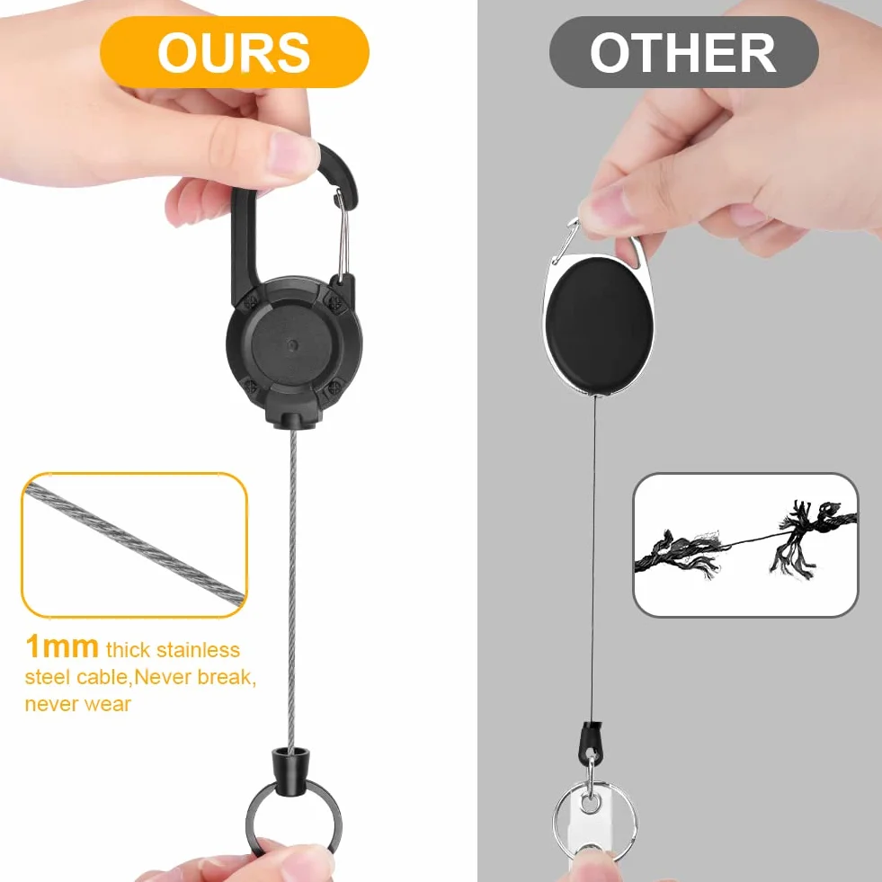 Portachiavi Retrattile Vicloon 2 Pezzi Clip a Bobina Allungabile con Cavo Acciaio 60cm Nero