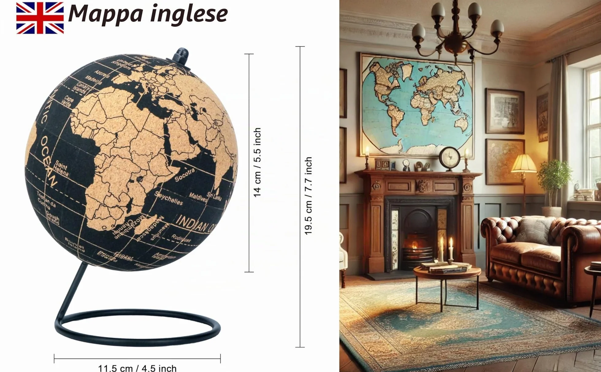 EXERZ Mappamondi in Sughero Naturale 14 cm con 12 Spilli Inclusi – Globo Educativo per Viaggi, Avventure e Pianificazione di Vacanze