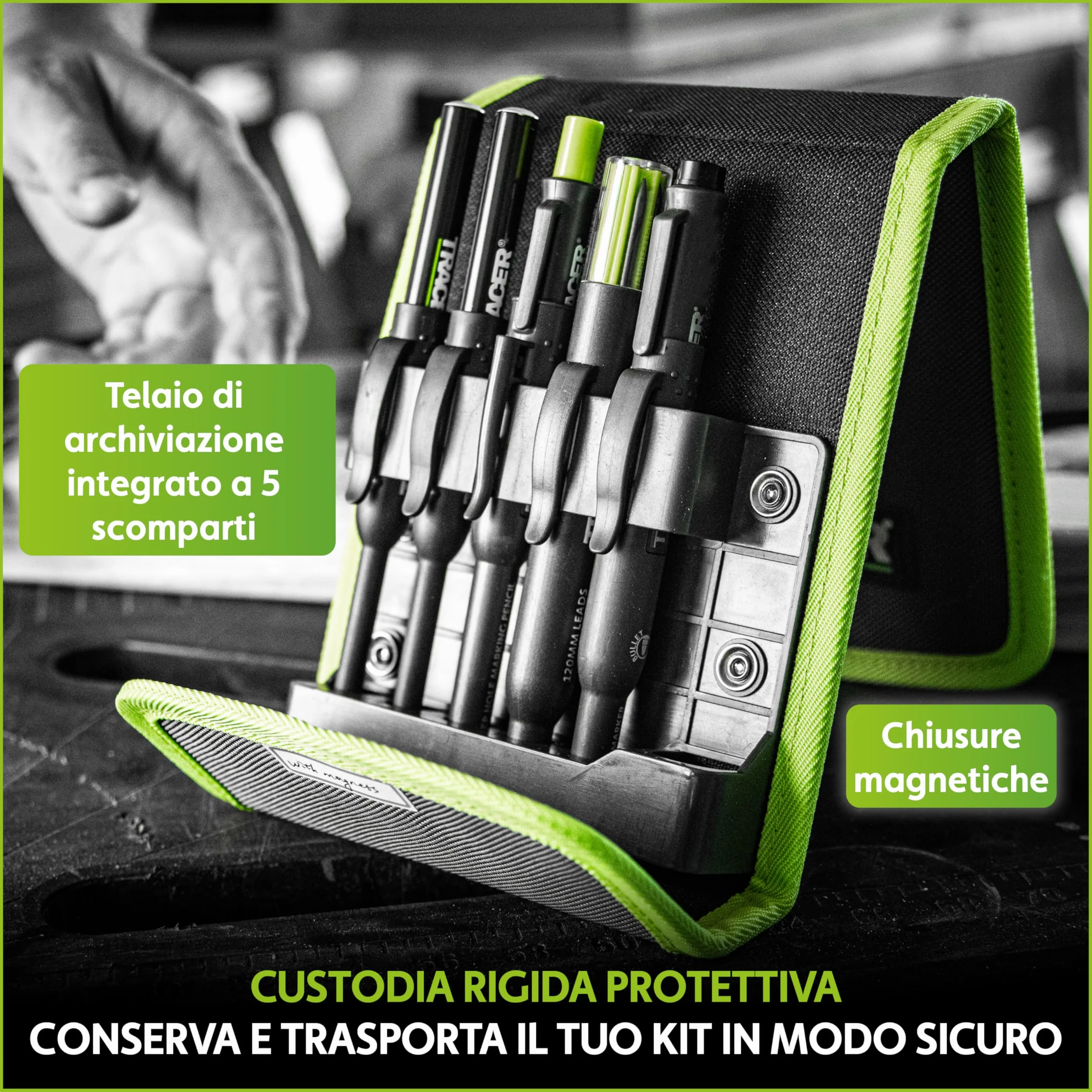 Tracer AMK5 Kit da 5 Pennarelli da Costruzione con Custodia Magnetica, Matita Carpentiere, Punta Lunga e Anti-Intasamento