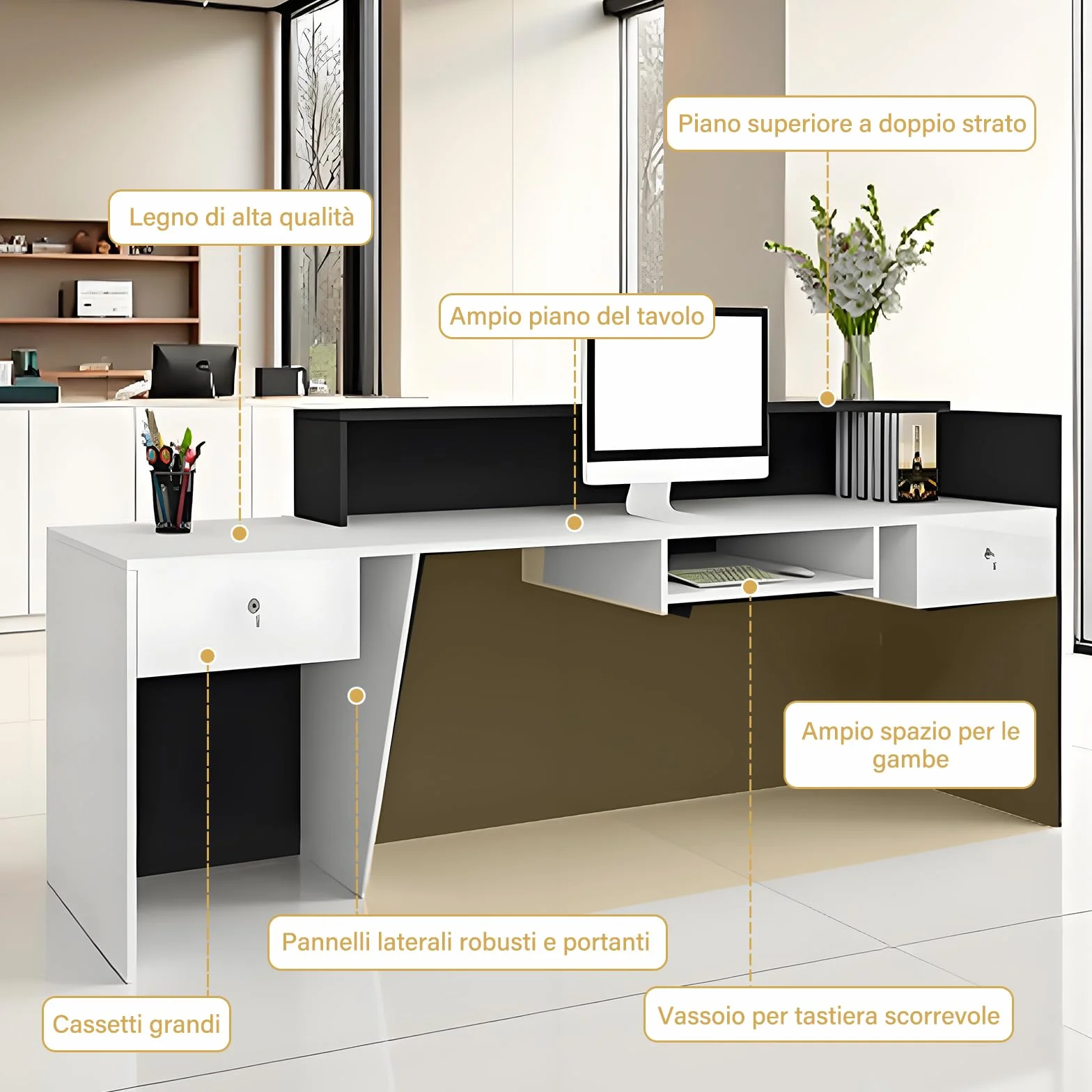 Bancone Reception Moderno con Spazio di Archiviazione, Scrivania Reception da 100–240 cm con Cassetto e Ripiani, Ideale per Uffici, Saloni, Hall e Negozi