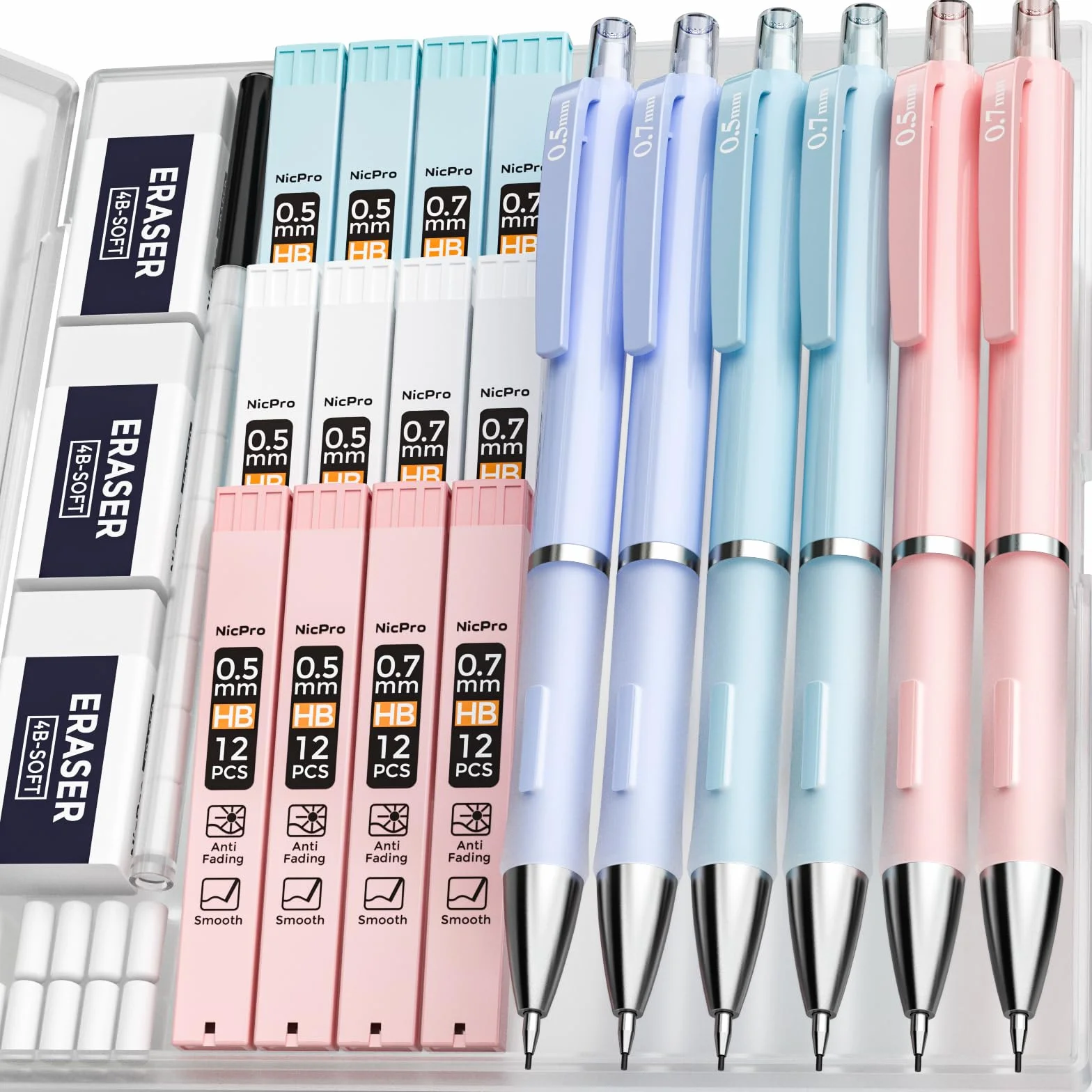 Nicpro 6 Pezzi Pastello Matite Meccaniche 0,5 & 0,7 mm con Astuccio, Carino Art Matite Portamine con 12 Tubo HB Mine,3 Gomma,9 Ricariche Di Gomma per Artista Studenti Bambino Disegno Scrittura Schizzi