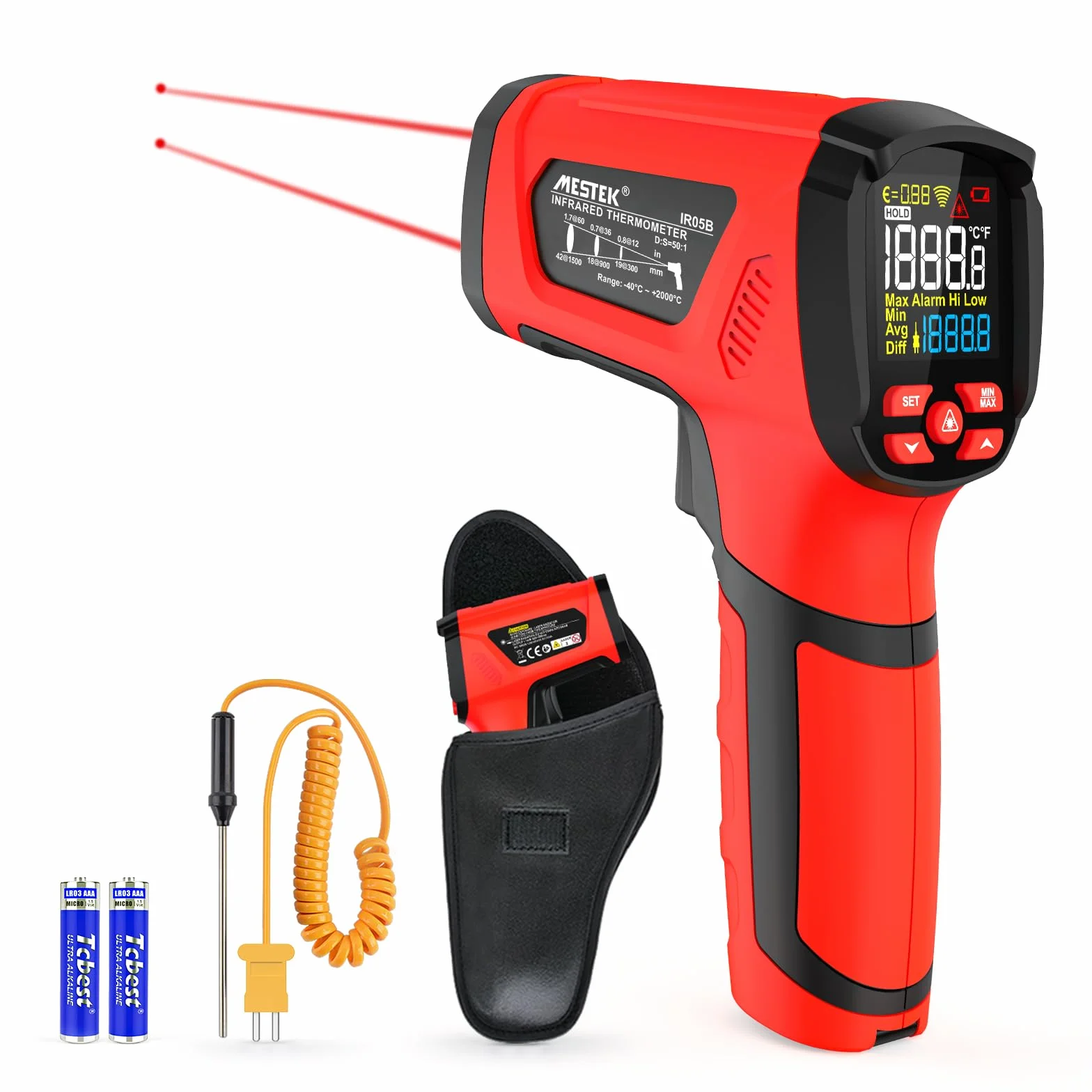 MESTEK Termometro a Infrarossi Digitale Laser -40°C~2000°C con K-Probe Senza Contatto LCD Emissività Regolabile Allarme