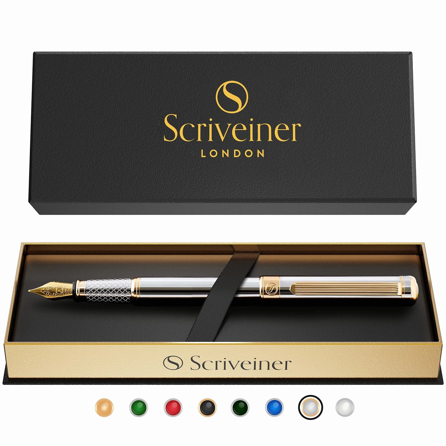 Scriveiner Penna stilografica qualità premium con finitura in Placcato in Vero Oro, Penninoi medio, argento cromato