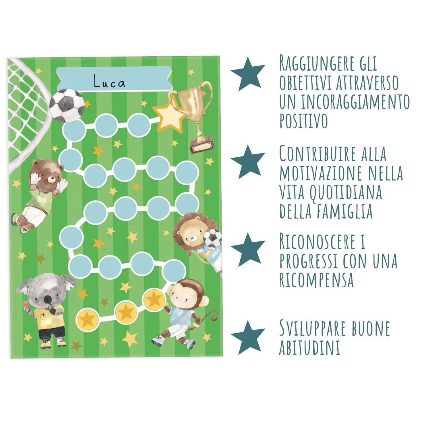 Set di 10 tabelle delle ricompense Calcio con adesivi a forma di stella per bambini