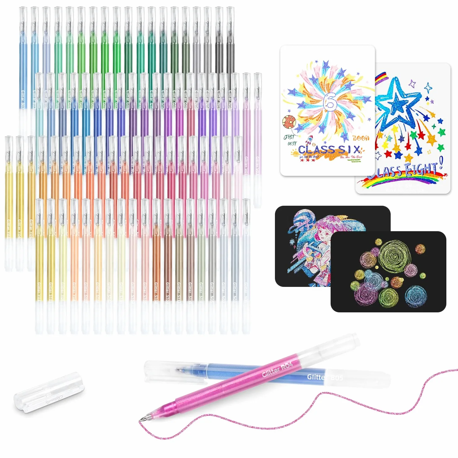Set di 80 penne gel glitterate, punta fine da 1,0 mm, per carta nera e carta bianca, penne di grande capacità per diari, libri da colorare per adulti, disegnare, prendere appunti