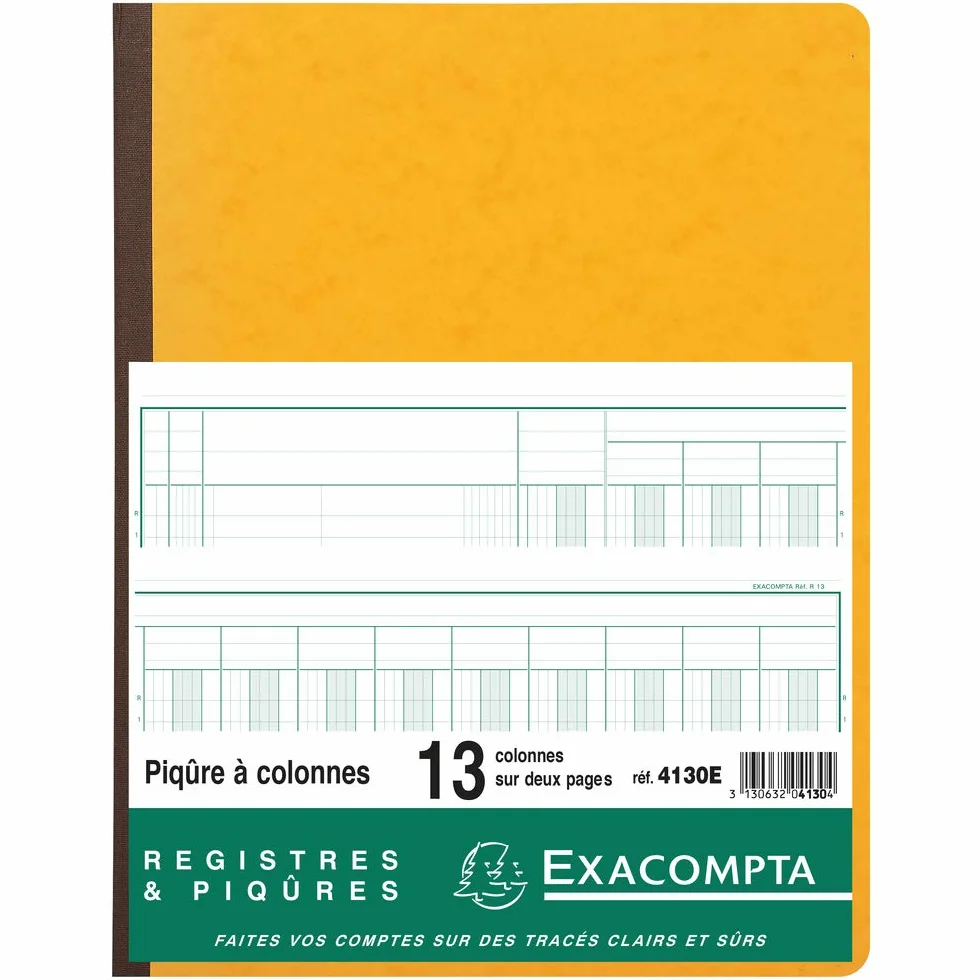 Exacompta - Rif. 4130E - 1 puntura a 13 colonne su 2 pagine, 33 righe, 80 pagine fogliate, formato 320 x 250 mm, copertina in carta lucida certificata FSC, 4 colori casuali, giallo, blu, rosso, verde