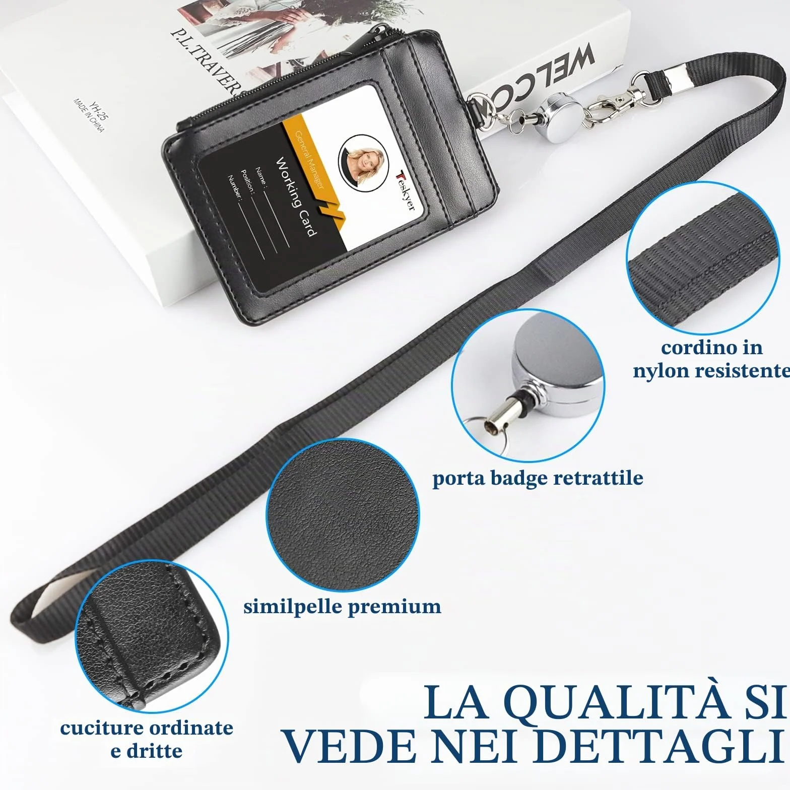 Porta badge in pelle con cordino e bobina retrattile, 4 scomparti per carte d'identità, tasca con cerniera