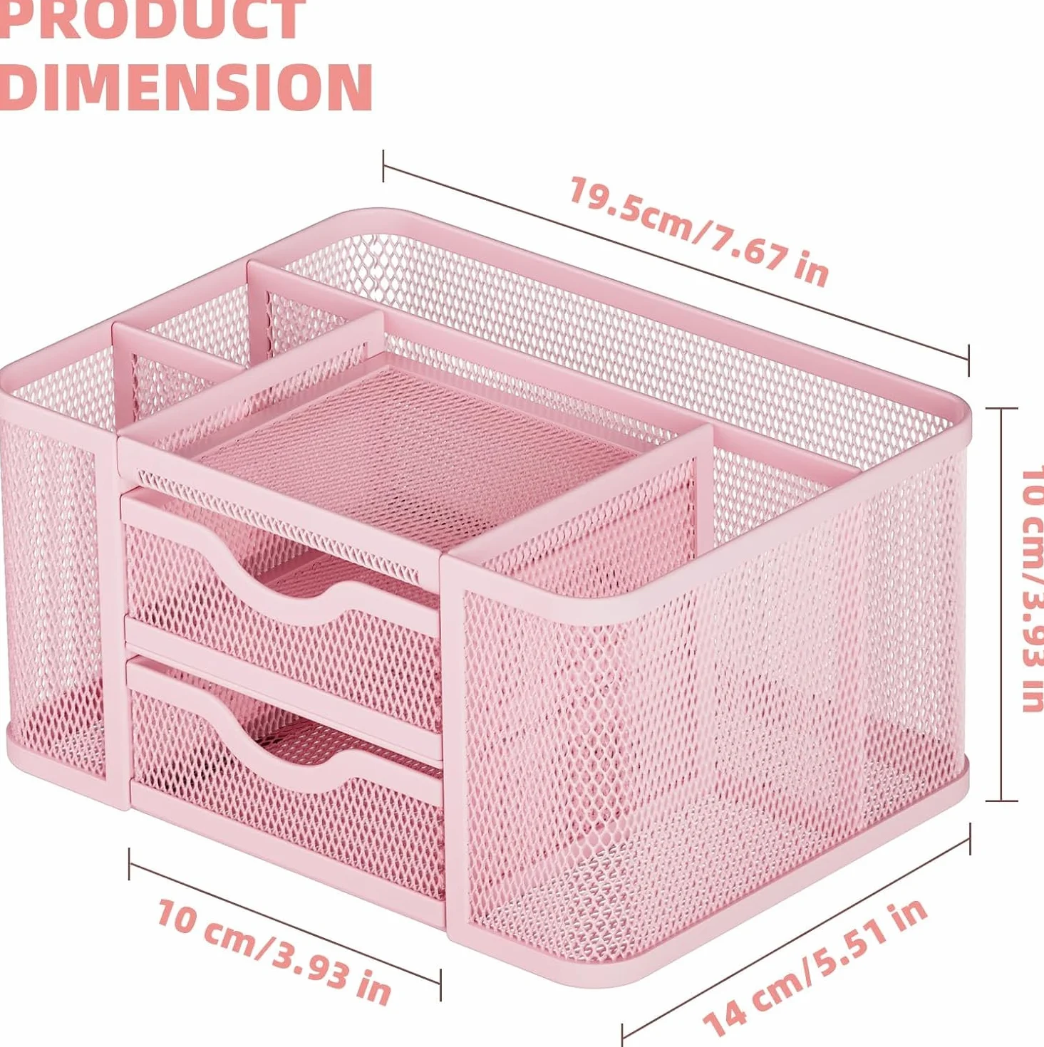 Marbrasse Organizer Scrivania con Cassetti, Porta Penne da Scrivania in Rete Metal, Rosa
