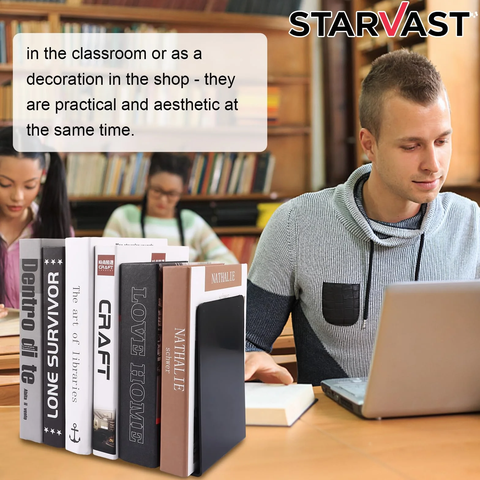 STARVAST 20 fermalibri in metallo, 17 x 12 x 11,8 cm, con tappetino antiscivolo, supporto per lettura, per scuola, ufficio e casa, nero