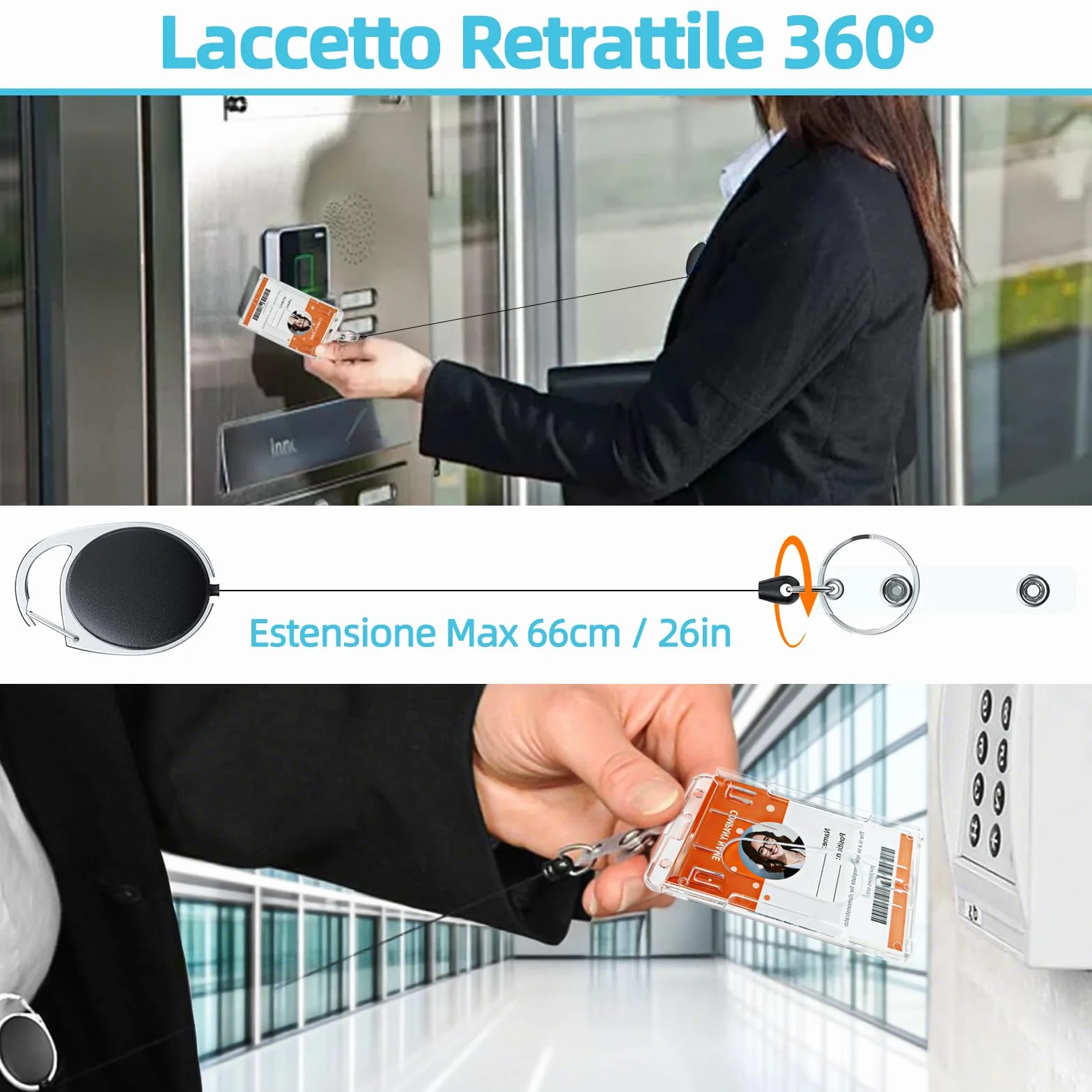 Porta Badge con Portachiavi Retrattile 3 Pezzi, Plastica PC Extra Spesso Trasparente