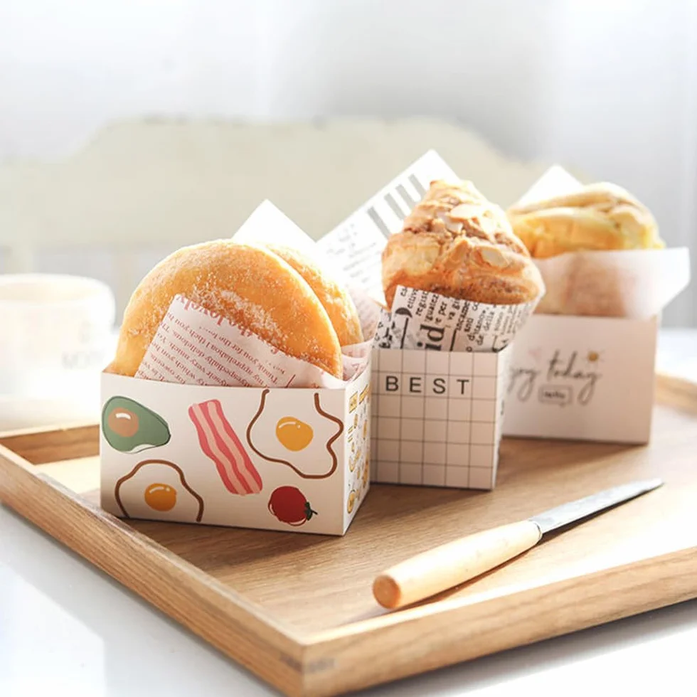 Confezione da 50 contenitori di carta da asporto, mini scatole per hamburger, scatole per sandwich con 50 fogli di carta oleata
