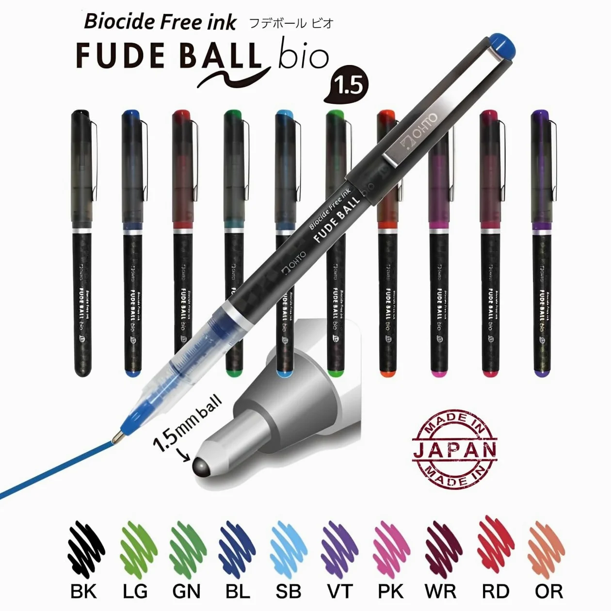 OHTO Fude Ball Bio 1.5 - Penna a sfera ultra audace da 1,5 mm, inchiostro a base d'acqua, senza biocidi, nero, CFR-15FBO-BK, confezione da 12
