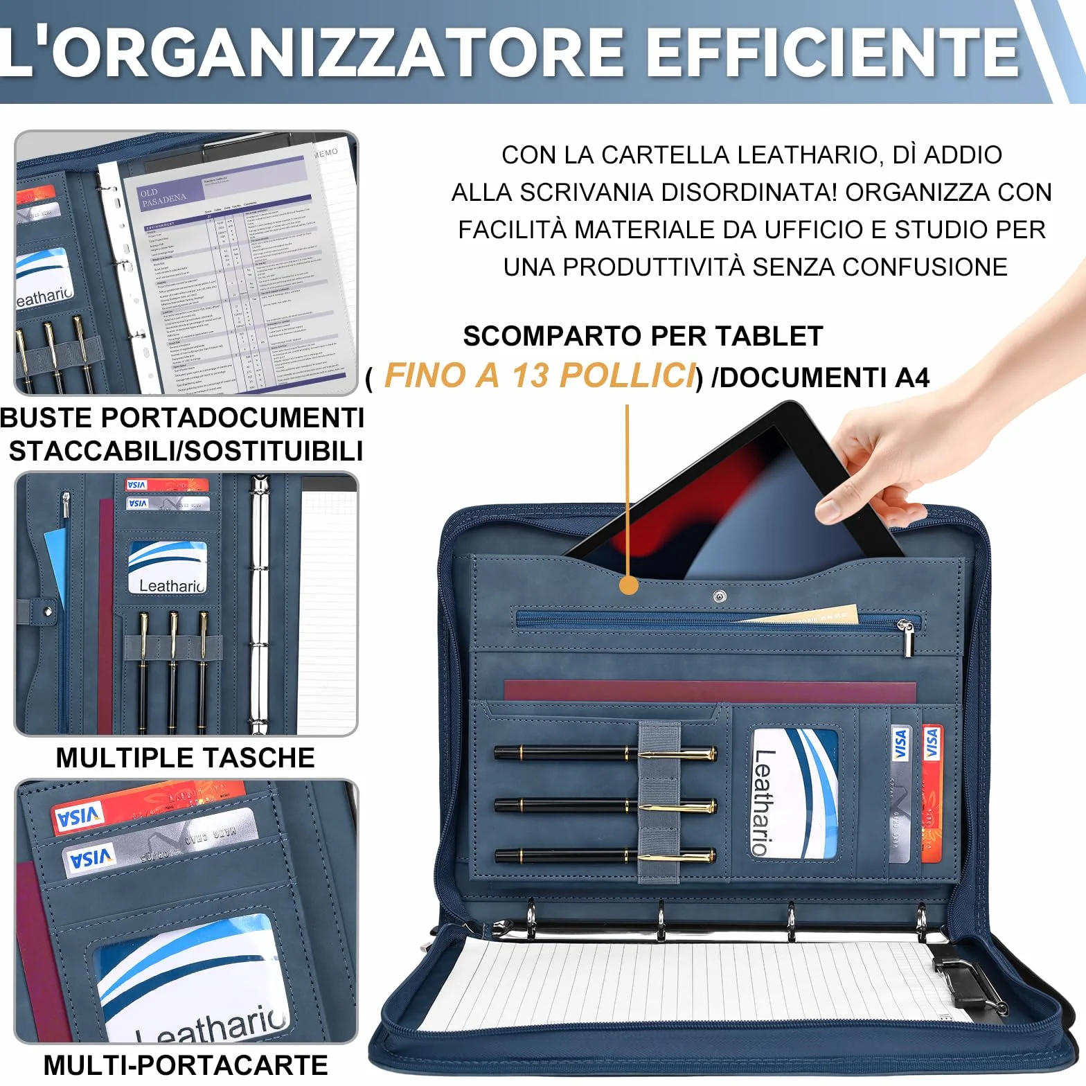 Leathario Cartellina Portadocumenti A4 con Cerniera, Organizer 10 Buste Trasparenti, Raccolgitore ad Anelli, Portadocumenti da Viaggio per Ufficio