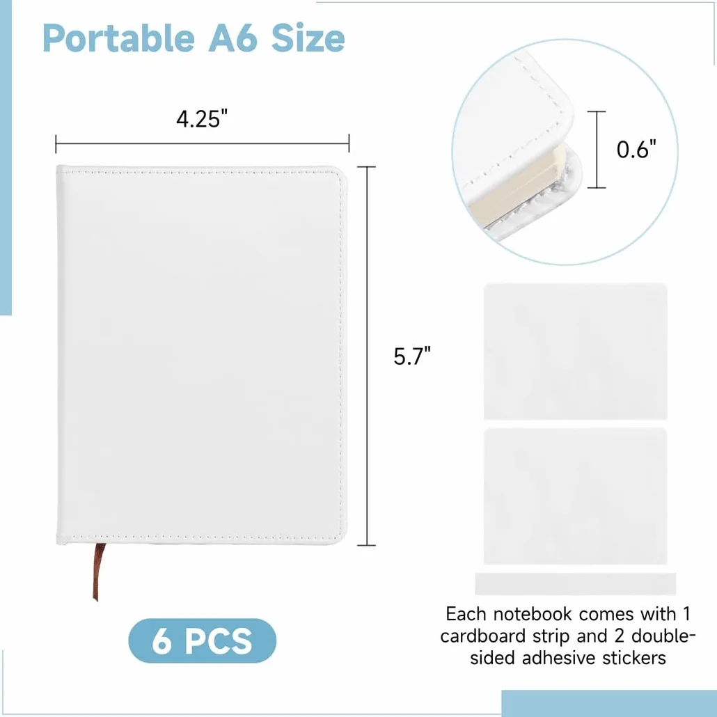 6 quaderni vuoti a sublimazione, formato A6, copertina rigida, in poliuretano, con 100 fogli, per prendere appunti, pianificare, scrivere diari, forniture scolastiche e ufficio