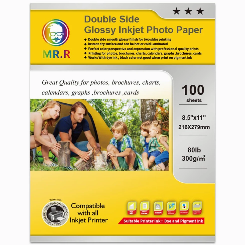 MR.R Carta fotografica a getto d'inchiostro lucida a doppio lato, 21,6 x 28 cm (dimensione lettera) con 100 fogli per confezione, 36,3 kg - 300 g/m²
