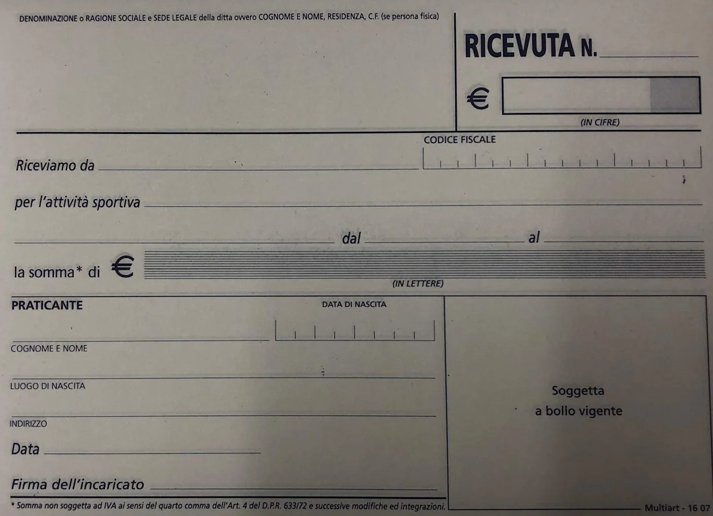 15 Blocchetti Ricevute Pagamento Attività Sportive a 2 copie autoricalcanti 50x2 12x17