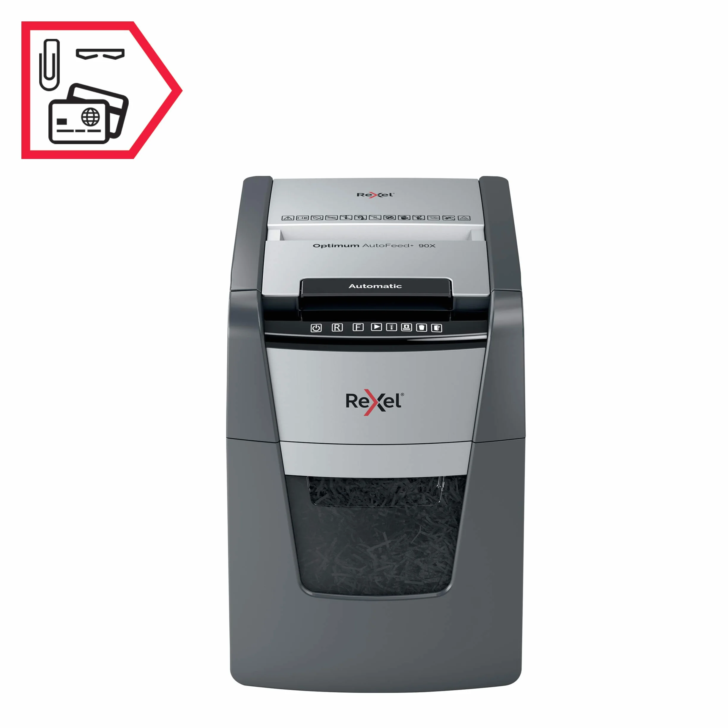 REXEL Optimum Auto Feed+ 90X, Distruggi documenti Automatico, 90-99 Fogli (80-70 gr/mq), Taglio a Frammento, Livello di Sicurezza P-4, per la Casa e per l'Ufficio, Capacità 34 Litri, 2020090XEU