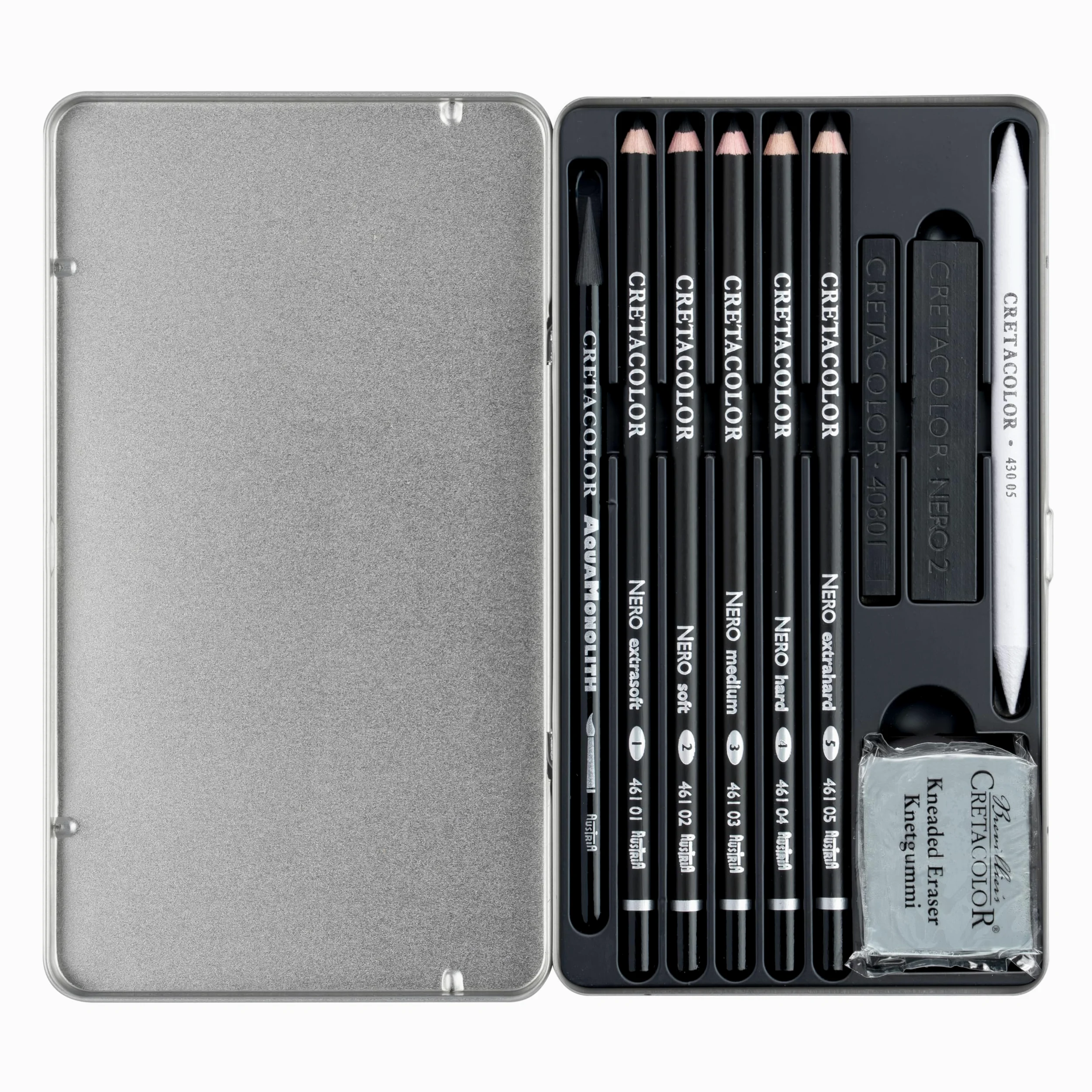 CRETACOLOR Deep Black, Drawing Set, set da disegno e da disegno nero intenso, 10 pezzi, non tossico, altamente pigmentato, incl. Gomma e tergicristalli, adatti per artisti e principianti