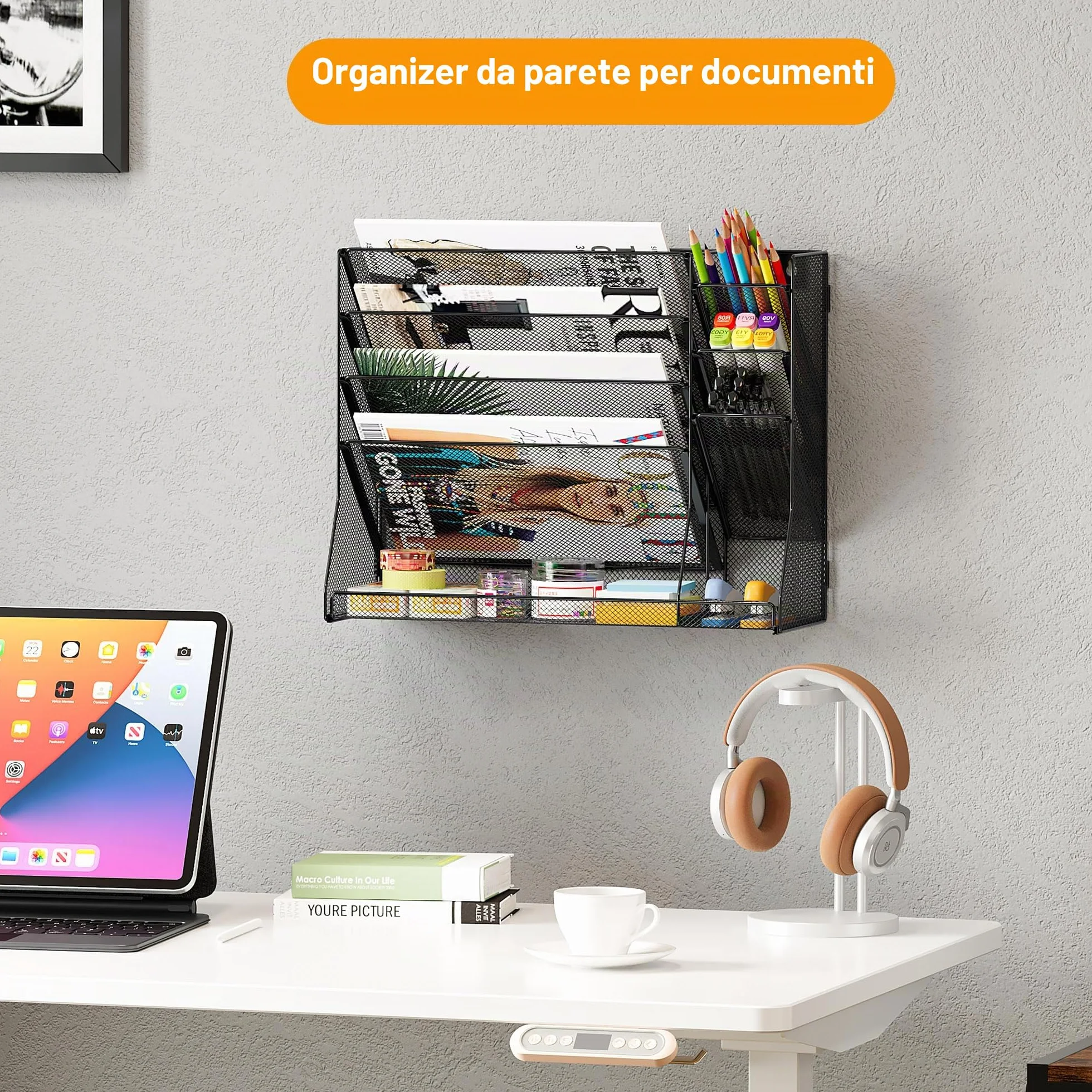 TQVAI 5 Ripiani Organizer Documenti Parete con 3 Scomparti Porta Penne Organizer Scrivania Metallo Portariviste Parete Scaffale per Documenti A4 Organizzatore Ufficio Casa, Nero
