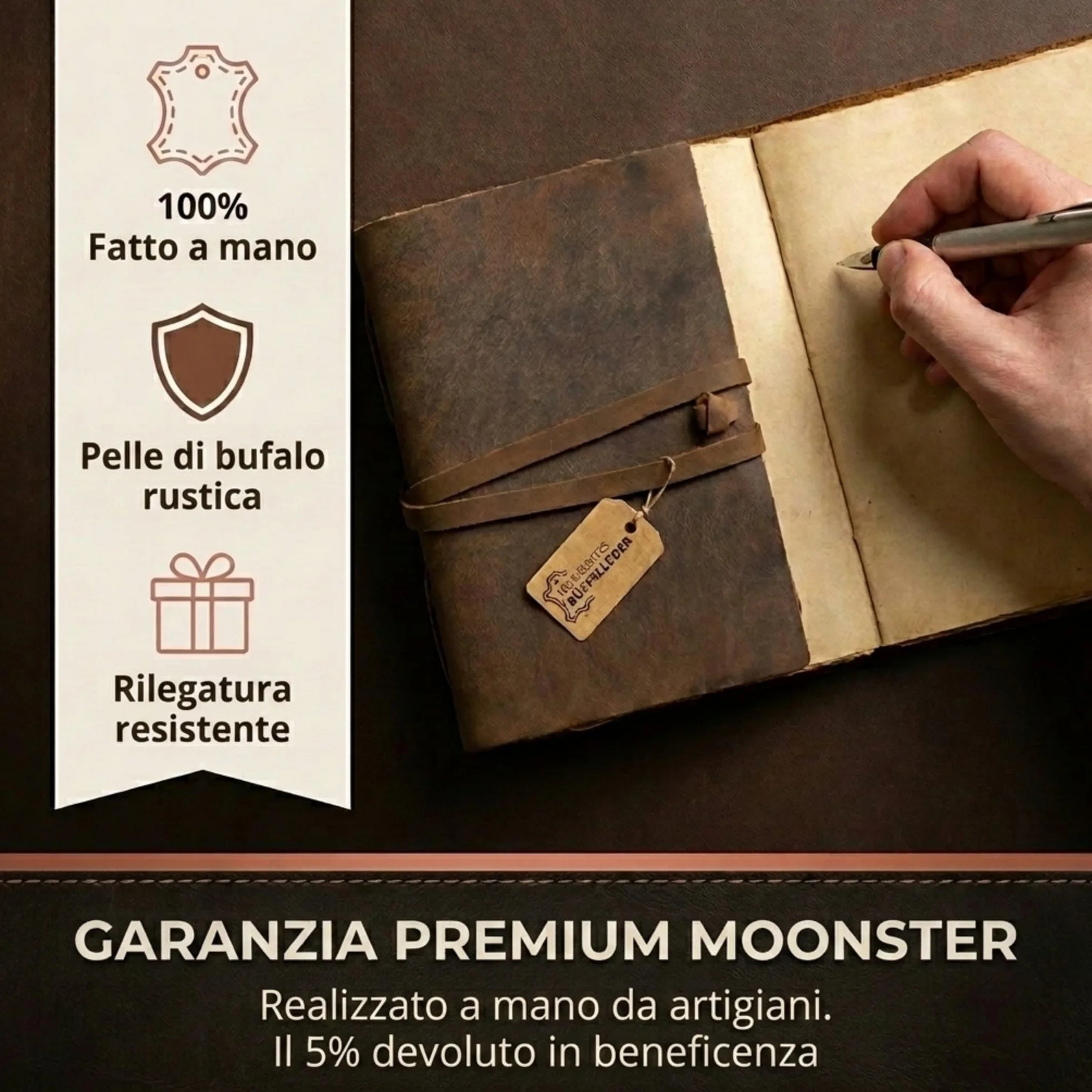 moonster Diario in Pelle Vintage, 240 Pagine in Cotone Tree Free Bordi Grezzi, Libro delle Ombre Deckle Edge Journal, Diario Vintage Artigianale, Agenda Bianca 20x15cm