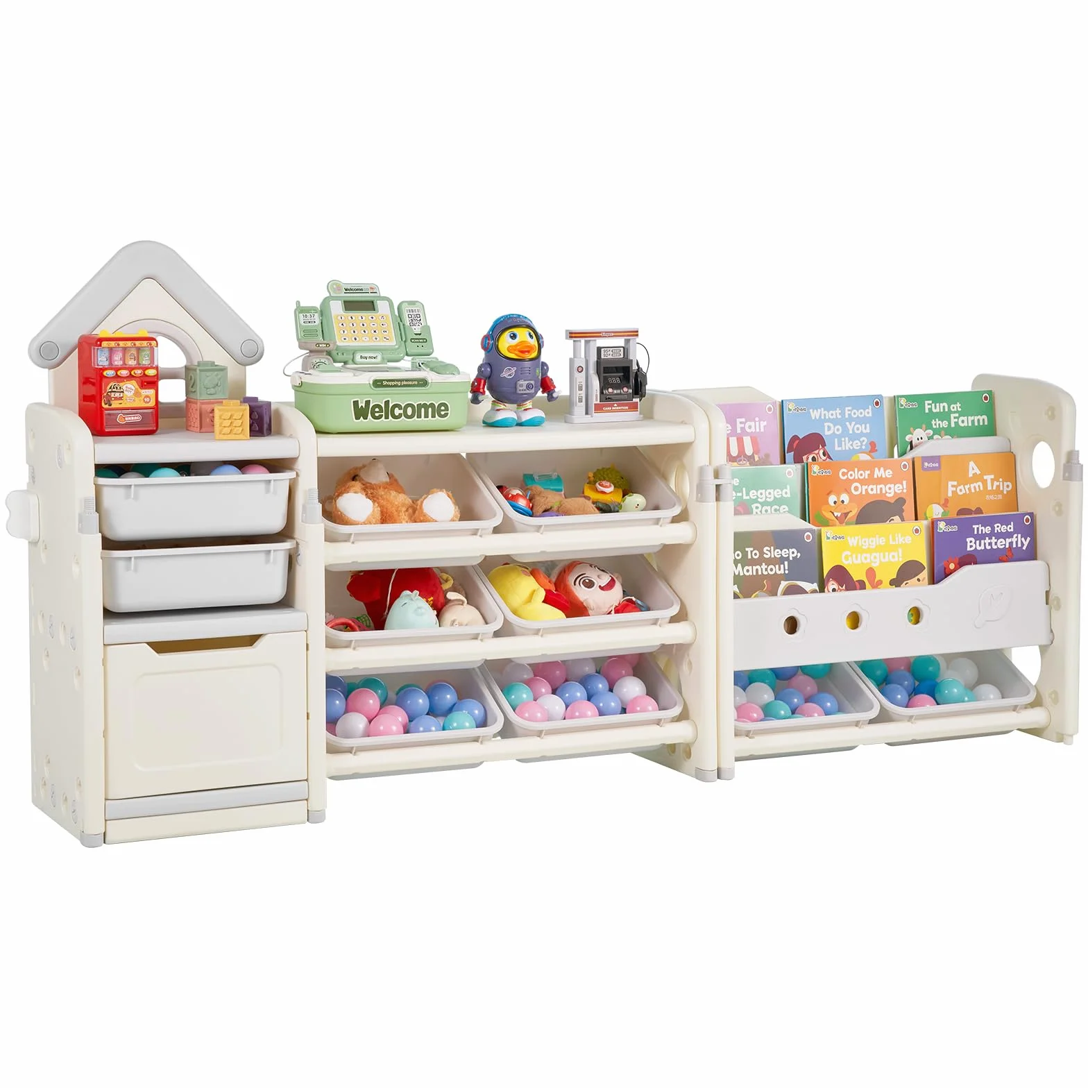 VEVOR Scaffale per Giocattoli in HDPE, Organizzatore per Giocattoli Multifunzionale a 4 Ripiani con 10 Contenitori in Plastica Flessibile, per Camera da Letto e Cameretta dei Bambini, Grigio e Beige