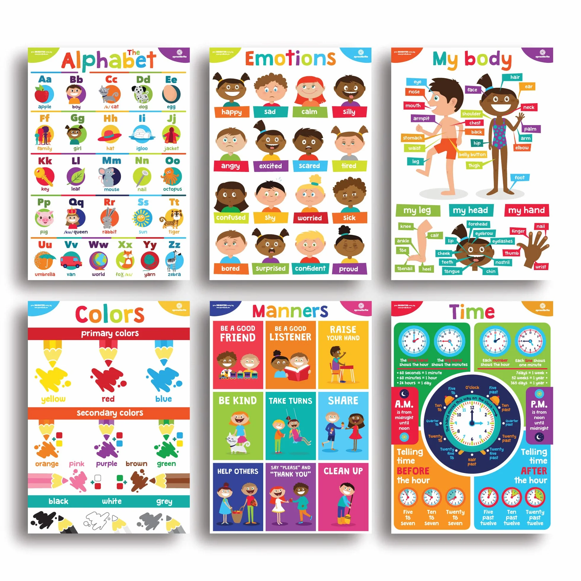 Sproutbrite 18 poster educativi per bambini, decorazioni per classe, materiali per la scuola materna, apprendimento prescolare