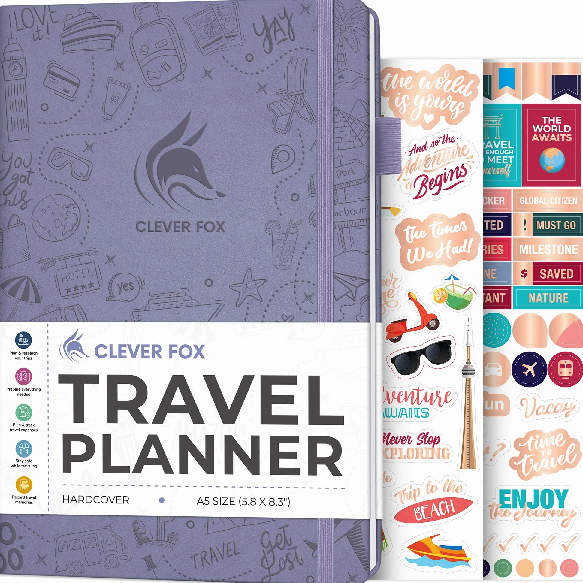 Clever Fox Diario di viaggio, organizer per itinerari, per donne, uomini e coppie, dura 5 viaggi, formato A5 (lavanda, formato A5 (14,7 x 21,1 cm)