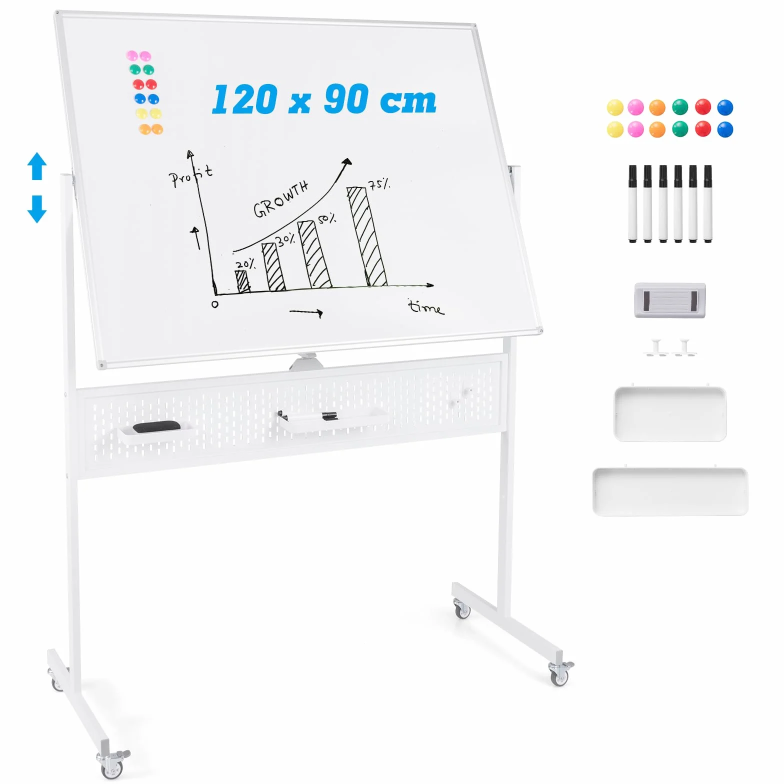 GIANTEX Lavagna bianca mobile double face, 120 x 90 cm, lavagna magnetica su gambe regolabile in 2 altezza, telaio in metallo, pannello perforato, 12 magneti, lavagna bianca rotella, bianco