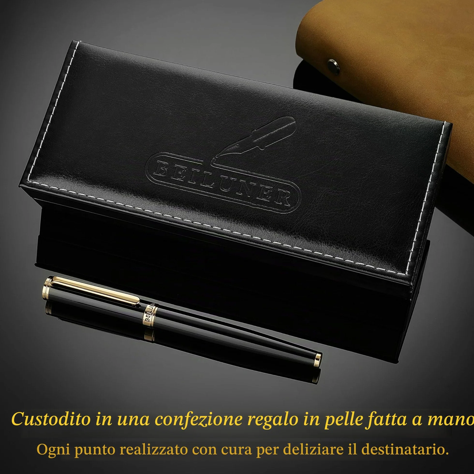 BEILUNER Penna Stilografica di Lusso, Finitura Laccata con Fregi e Pennino Dorati 24K, Regalo Affidabile con Convertitore per Lui e Lei, Penna Elegante - Nero & Oro, Pennino Fine