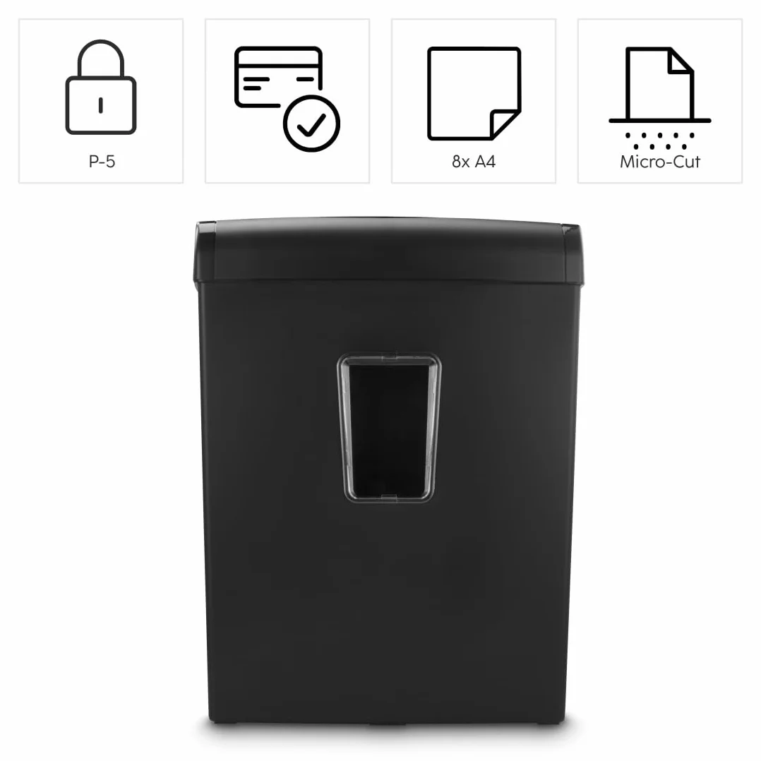 Hama Trituratore Carta Distruggitrice Distruggitrice Documenti Carte Graffe, 8 Fogli A4 a Volta, Sicurezza/Off Auto, LED Overload Overheat, Funzione Indietro, Cestino 20L, Sicurezza P5 T5 E4, Nero
