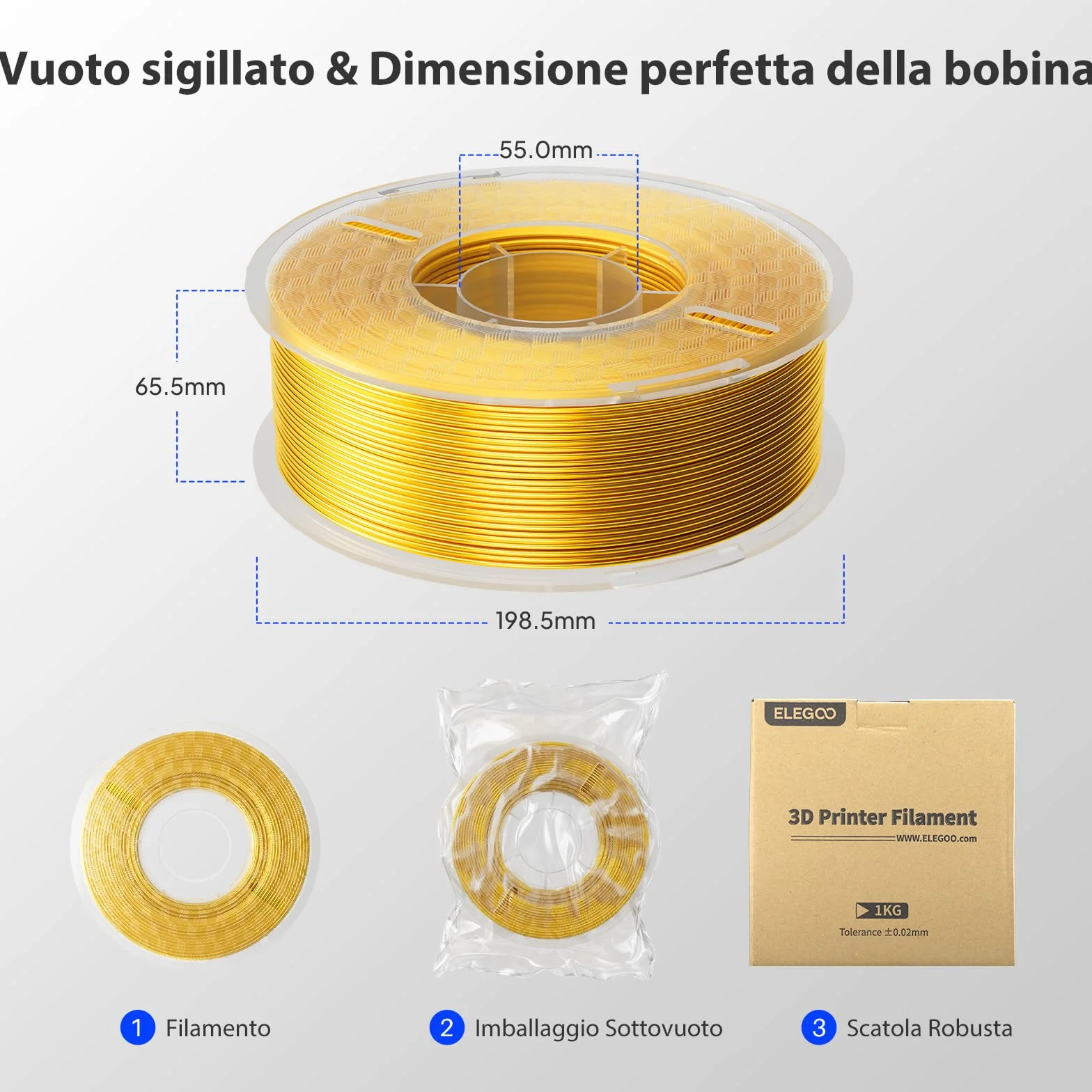 ELEGOO Filamento PLA 1,75 mm Oro 1 KG, Precisione dimensionale +/- 0,02 mm per Stampante 3D FDM