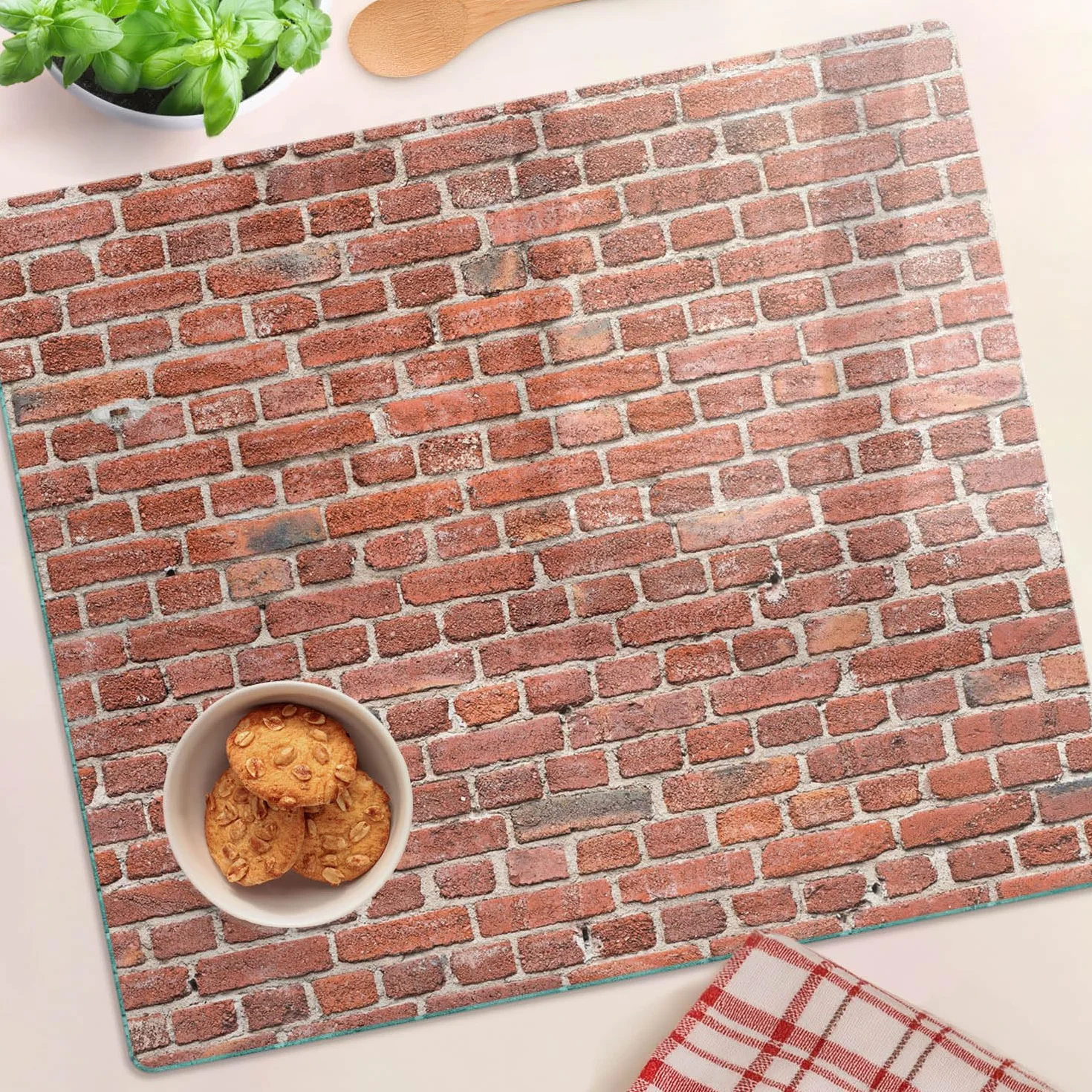 Tagliere in Vetro Protezione 60x52 cm Resistente al Calore Facile da Pulire da Cucina con Stampe con Piedini Antiscivolo Antigraffio Durevole e Igienico Rettangolare - Effetto muro di mattoni