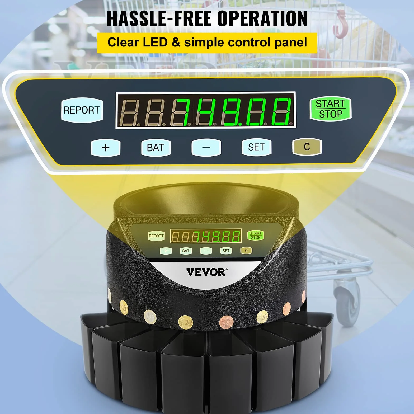 VEVOR Macchina Contamonete 500-1000 Monete in Euro Separatore per Monete Contamonete Velocità 300 pezzi/minuto Display a LED 7 Cifre Pannello Controllo 8 Cassetti, Tabaccheria, Scuole, Negozio, Banca